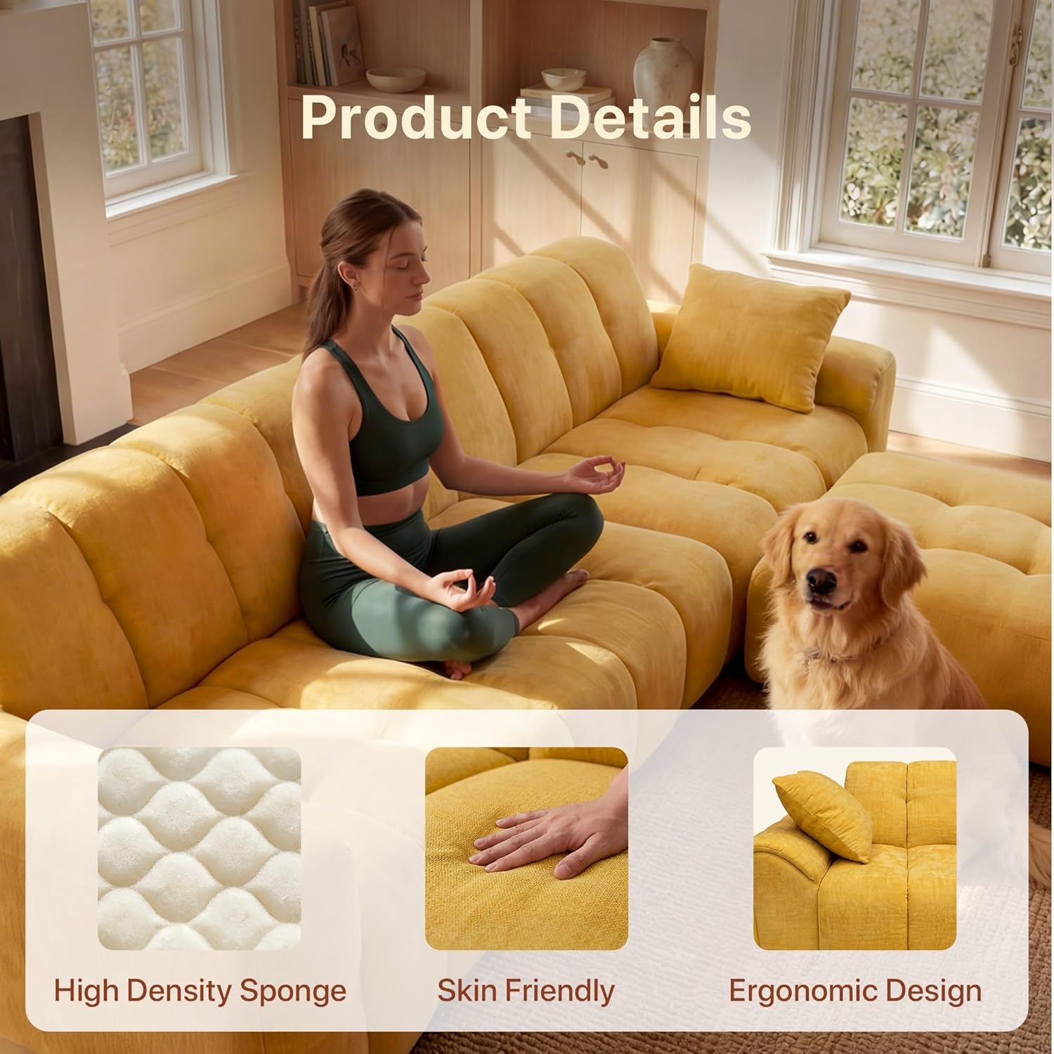 image:imageClaiks 118 Modern Boneless Couch Corduroy Modular Cloud Sofa for Living Room Deep Seat Sectional with Movable Ottoman No Assembly Required YellowYellow
