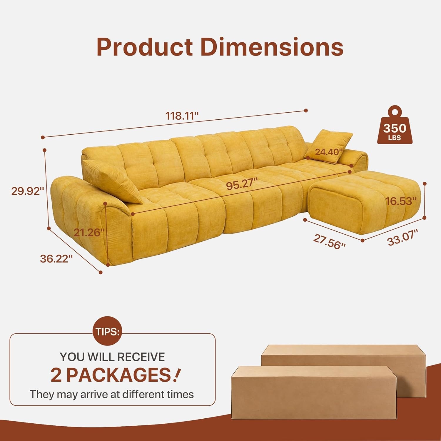 image:imageClaiks 118 Modern Boneless Couch Corduroy Modular Cloud Sofa for Living Room Deep Seat Sectional with Movable Ottoman No Assembly Required YellowYellow