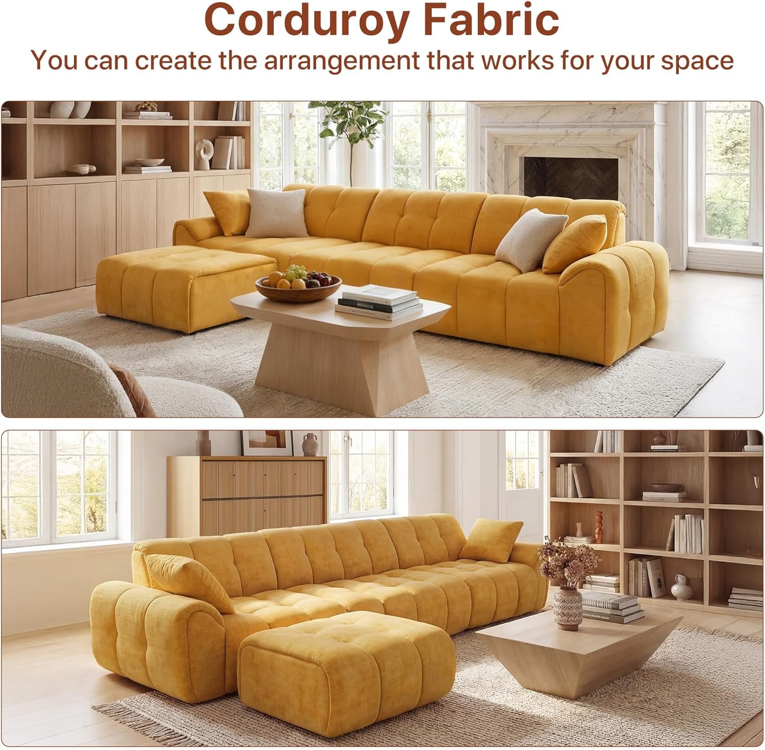 image:imageClaiks 118 Modern Boneless Couch Corduroy Modular Cloud Sofa for Living Room Deep Seat Sectional with Movable Ottoman No Assembly Required YellowYellow