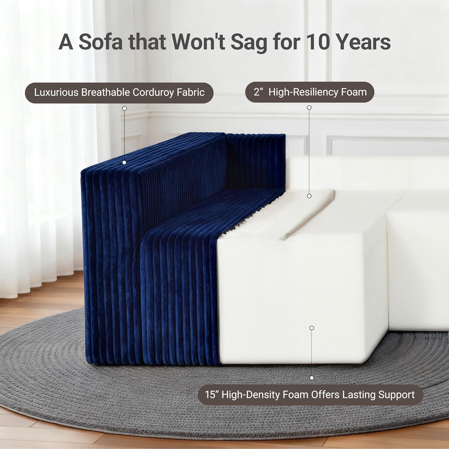 image:imageClaiks 128 Modular U Shaped Sectional Couch Deep Seat Bonless Couches for Living Room Modern Couch No Assembly Required KhakiBlue