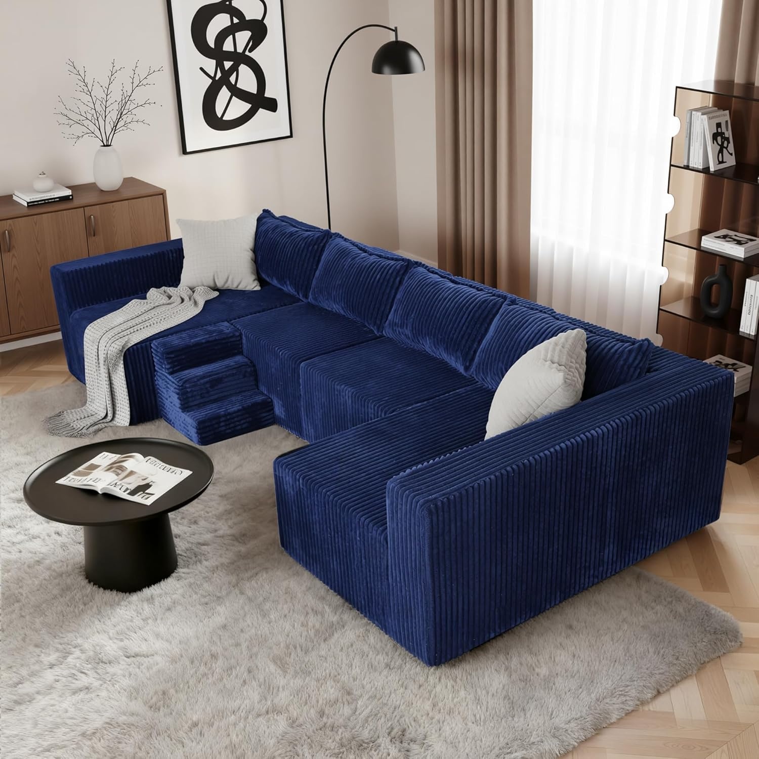 image:imageClaiks 128 Modular U Shaped Sectional Couch Deep Seat Bonless Couches for Living Room Modern Couch with Pet Stairs No Assembly Required KhakiBlue