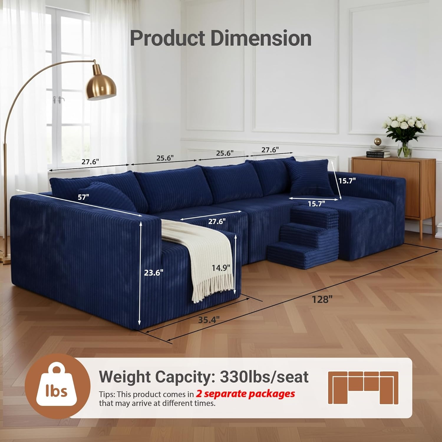 image:imageClaiks 128 Modular U Shaped Sectional Couch Deep Seat Bonless Couches for Living Room Modern Couch with Pet Stairs No Assembly Required KhakiBlue