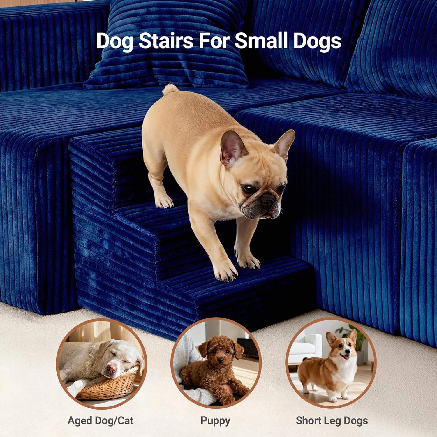 image:imageClaiks 128 Modular U Shaped Sectional Couch Deep Seat Bonless Couches for Living Room Modern Couch with Pet Stairs No Assembly Required KhakiBlue