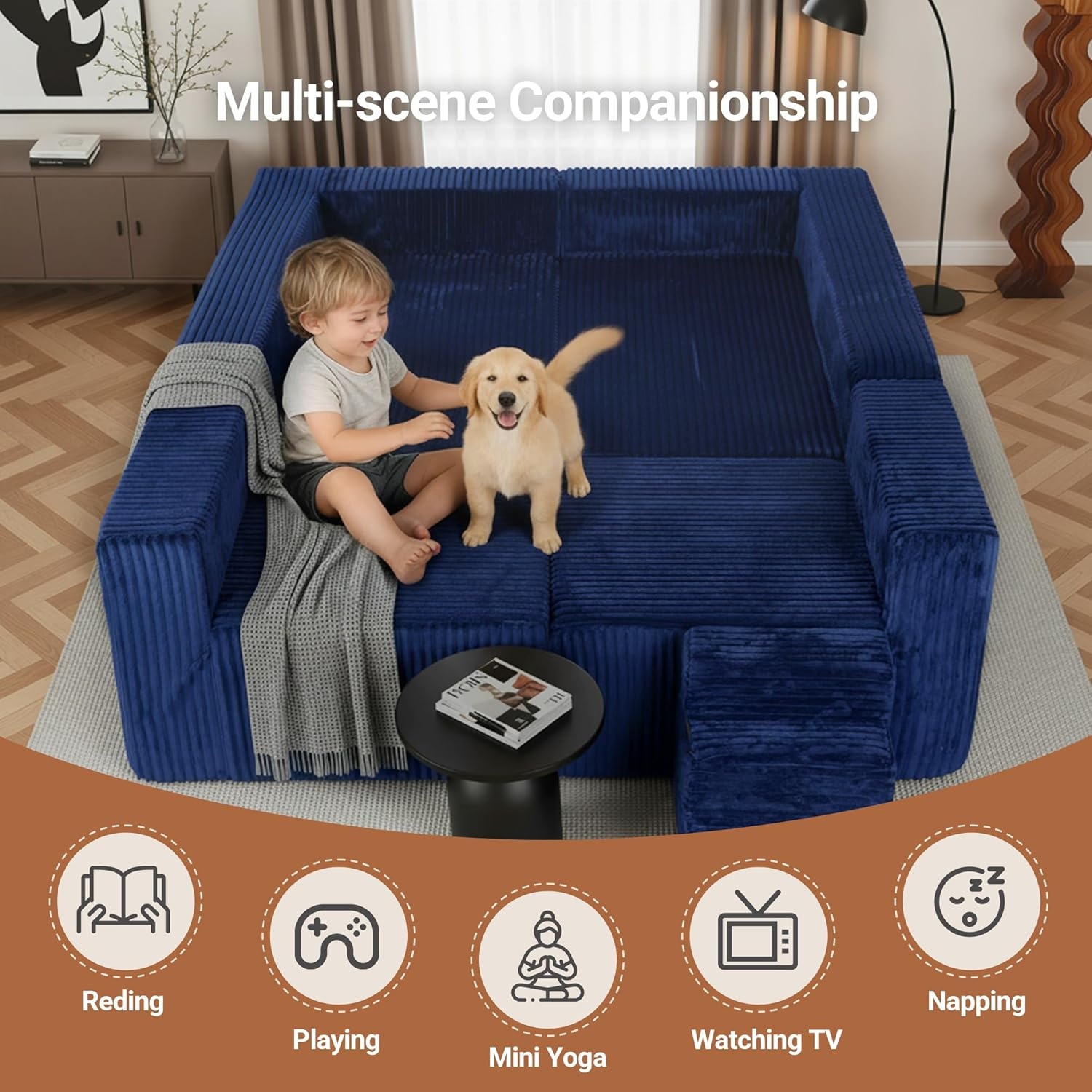 image:imageClaiks 128 Modular U Shaped Sectional Couch Deep Seat Bonless Couches for Living Room Modern Couch with Pet Stairs No Assembly Required KhakiBlue