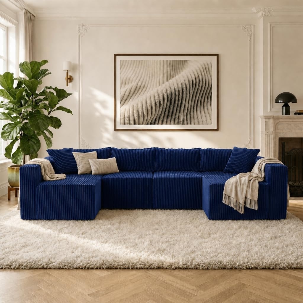image:imageClaiks 128 Modular U Shaped Sectional Couch Deep Seat Bonless Couches for Living Room Modern Couch with Pet Stairs No Assembly Required KhakiBlue