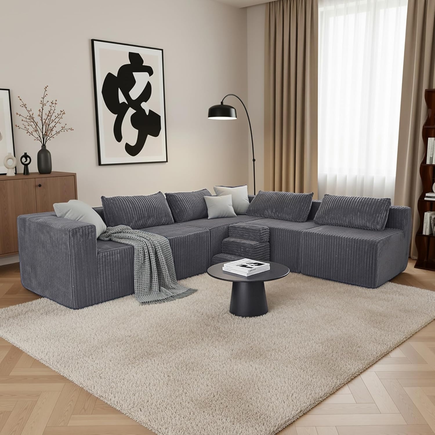 image:imageClaiks 128 Modular U Shaped Sectional Couch Deep Seat Bonless Couches for Living Room Modern Couch with Pet Stairs No Assembly Required KhakiDark Grey