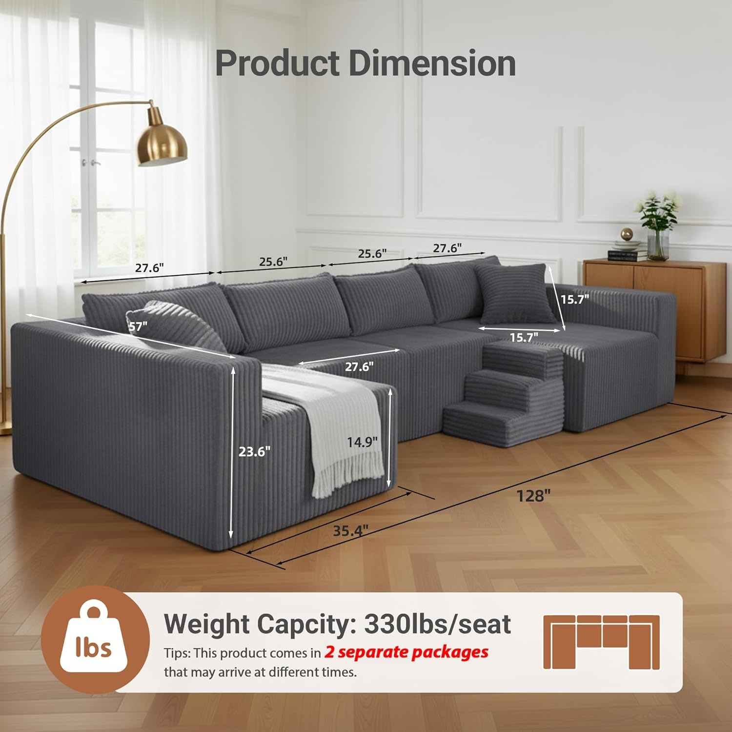 image:imageClaiks 128 Modular U Shaped Sectional Couch Deep Seat Bonless Couches for Living Room Modern Couch with Pet Stairs No Assembly Required KhakiDark Grey