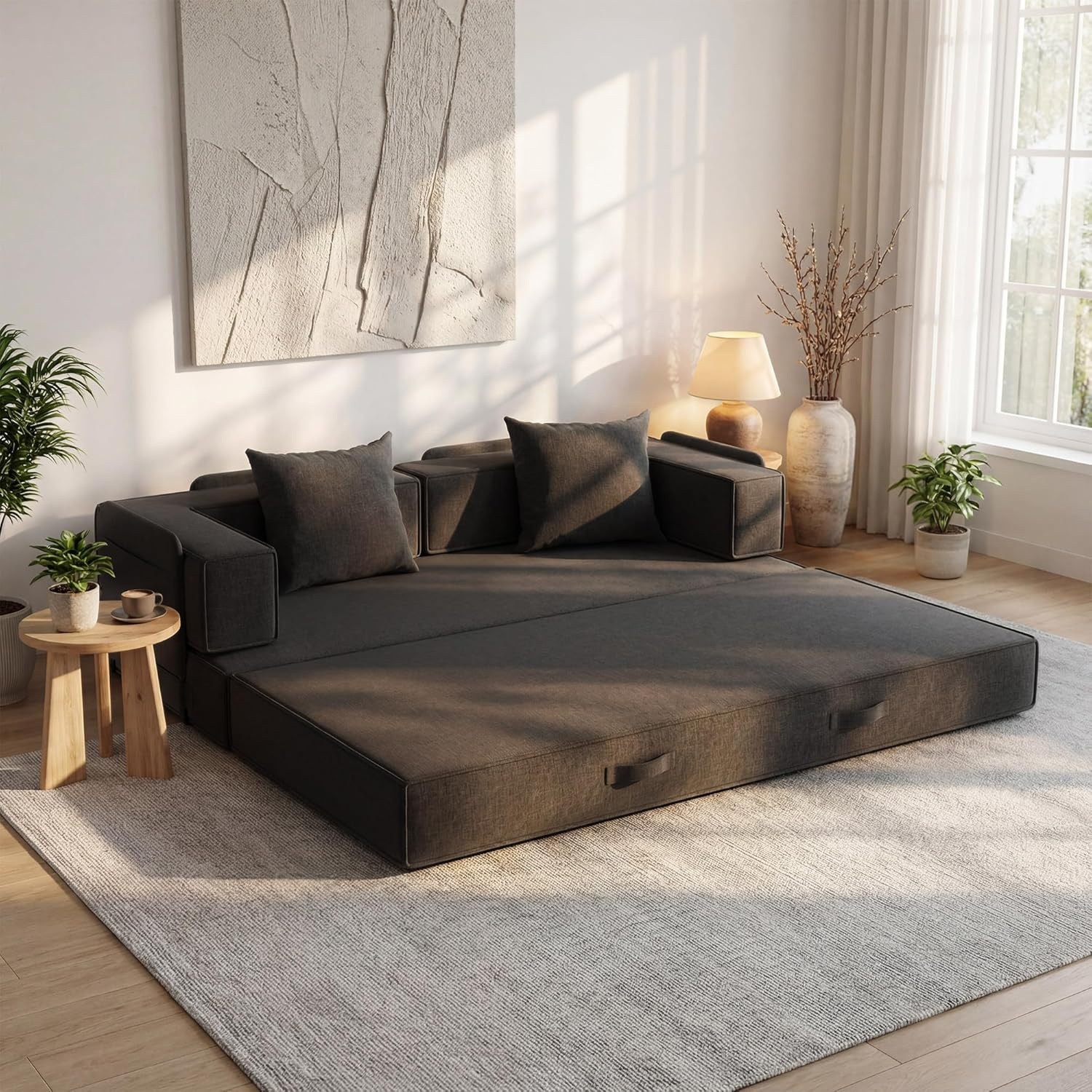 image:imageClaiks 4in1 Convertible Sofa Bed86 Inch Compression Sofa with Corduroy Fabric Pull Out Sleeper Sofa with 2 Pillows amp 4 Side Pockets for Living Room Bedroom ApartmentNo Assembly RequiredDark GreyBlack