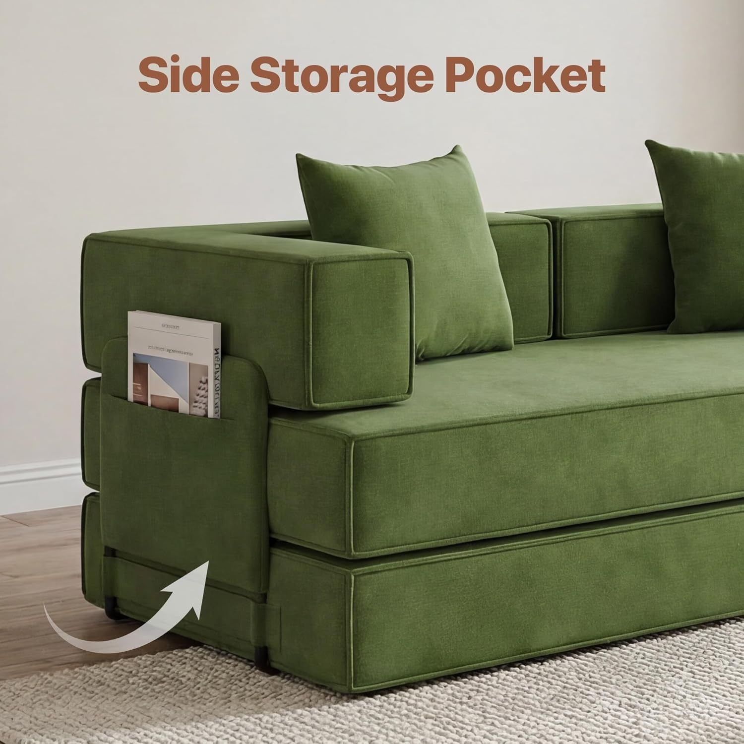 image:imageClaiks 4in1 Convertible Sofa Bed86 Inch Compression Sofa with Corduroy Fabric Pull Out Sleeper Sofa with 2 Pillows amp 4 Side Pockets for Living Room Bedroom ApartmentNo Assembly RequiredDark GreyGreen