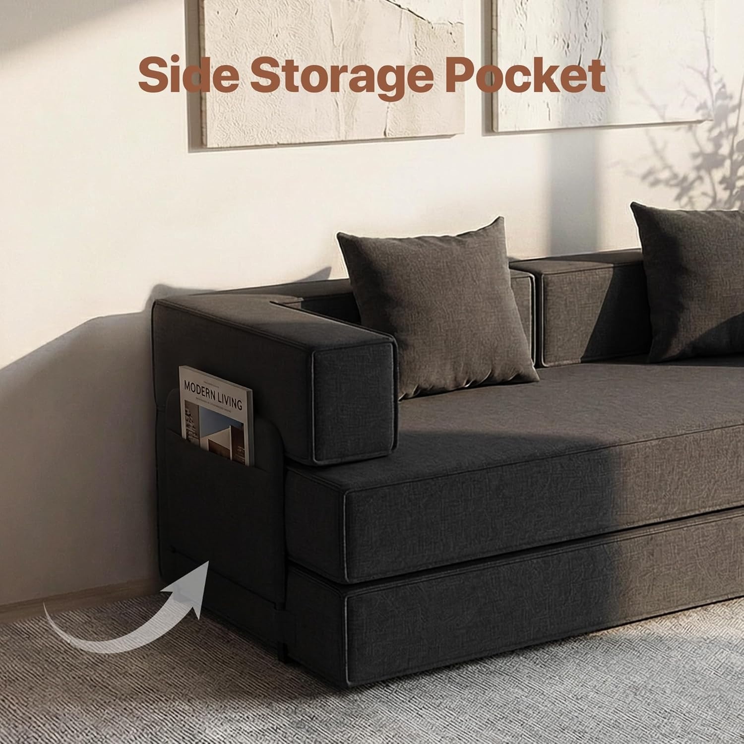 image:imageClaiks 4in1 Convertible Sofa Bed86 Inch Compression Sofa with Corduroy Fabric Pull Out Sleeper Sofa with 2 Pillows amp 4 Side Pockets for Living Room Bedroom ApartmentNo Assembly RequiredDark GreyBlack