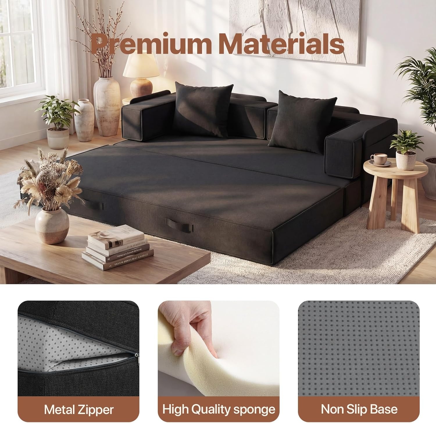 image:imageClaiks 4in1 Convertible Sofa Bed86 Inch Compression Sofa with Corduroy Fabric Pull Out Sleeper Sofa with 2 Pillows amp 4 Side Pockets for Living Room Bedroom ApartmentNo Assembly RequiredDark GreyBlack
