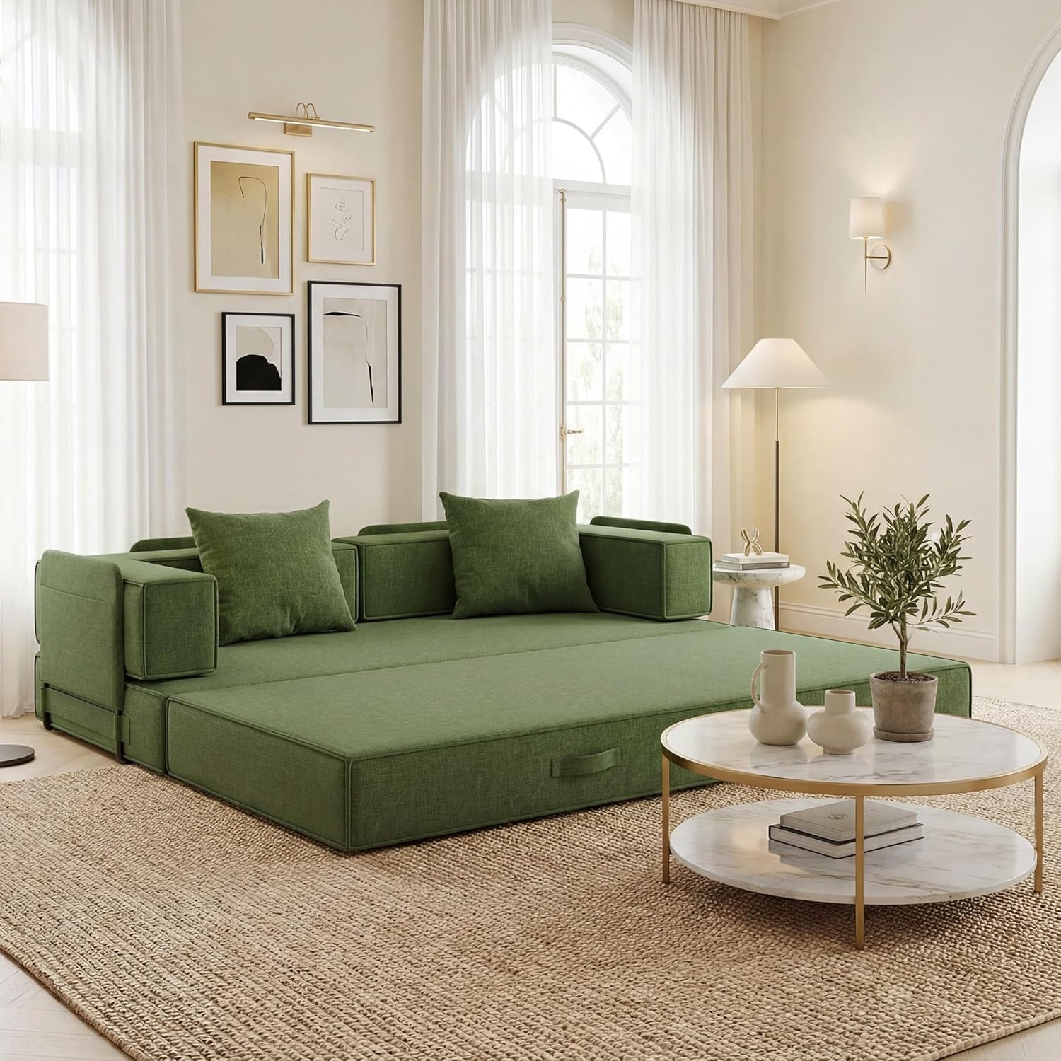 image:imageClaiks 4in1 Convertible Sofa Bed86 Inch Compression Sofa with Corduroy Fabric Pull Out Sleeper Sofa with 2 Pillows amp 4 Side Pockets for Living Room Bedroom ApartmentNo Assembly RequiredDark GreyGreen