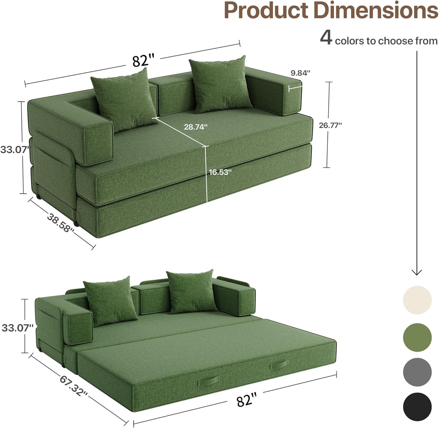 image:imageClaiks 4in1 Convertible Sofa Bed86 Inch Compression Sofa with Corduroy Fabric Pull Out Sleeper Sofa with 2 Pillows amp 4 Side Pockets for Living Room Bedroom ApartmentNo Assembly RequiredDark GreyGreen