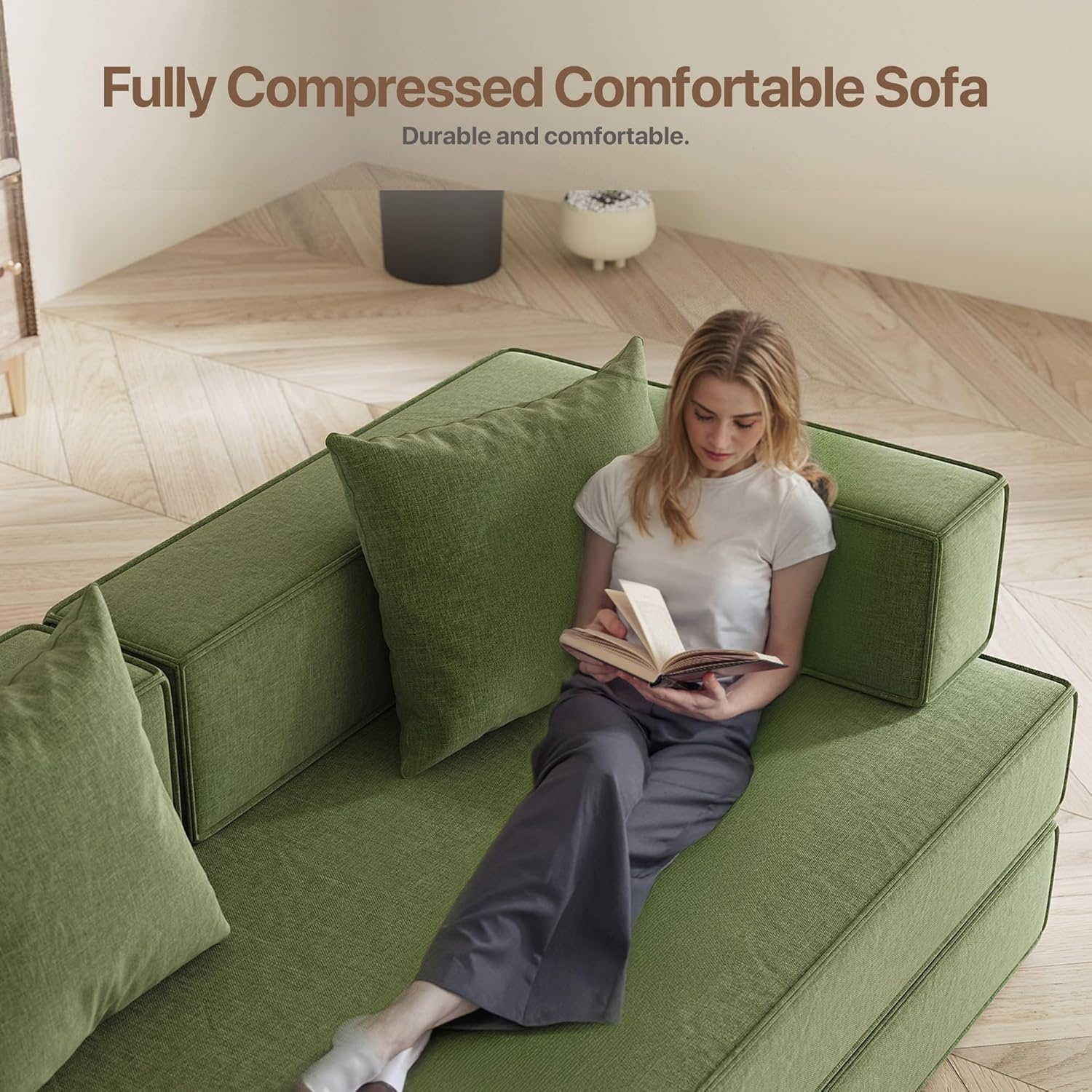 image:imageClaiks 4in1 Convertible Sofa Bed86 Inch Compression Sofa with Corduroy Fabric Pull Out Sleeper Sofa with 2 Pillows amp 4 Side Pockets for Living Room Bedroom ApartmentNo Assembly RequiredDark GreyGreen
