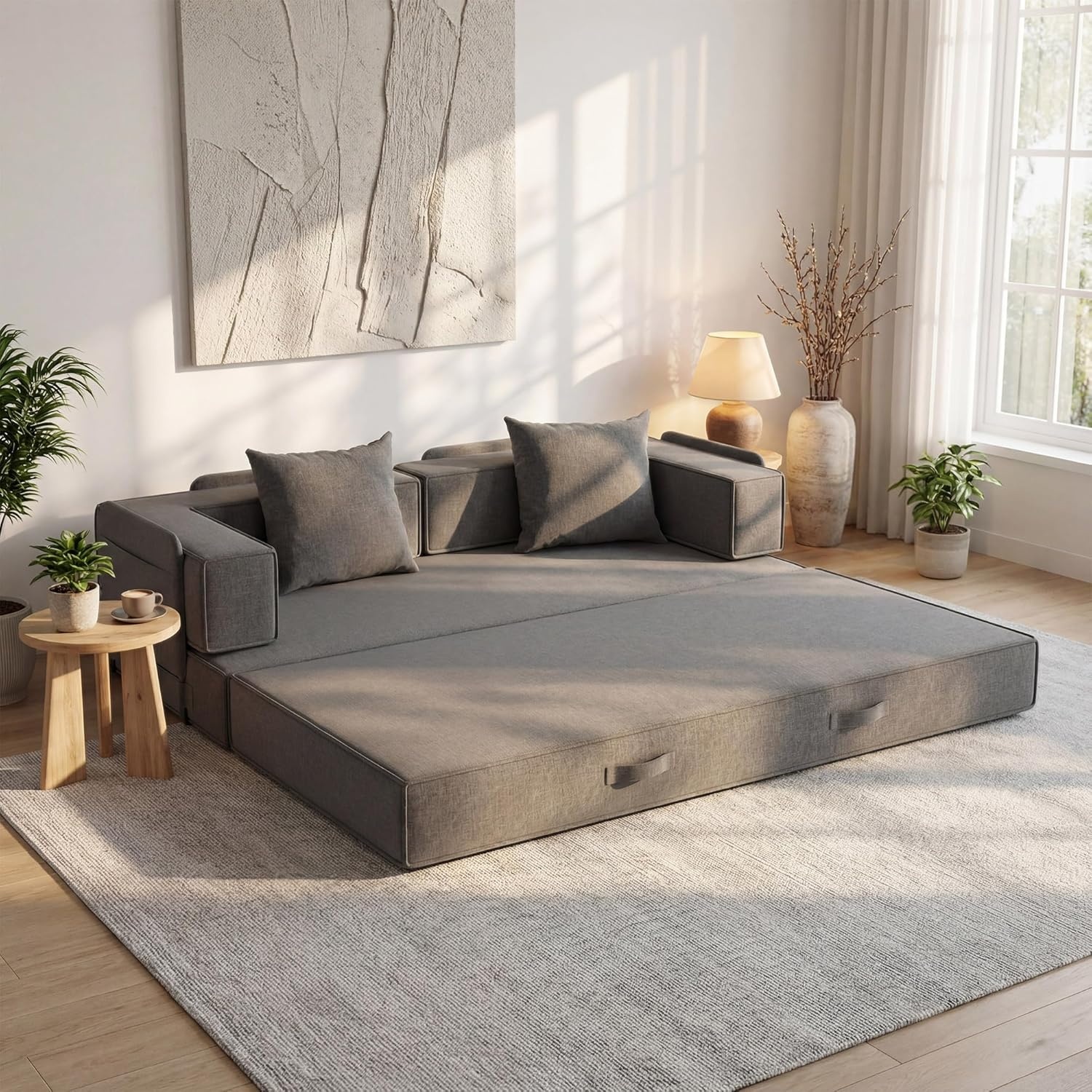 image:imageClaiks 4in1 Convertible Sofa Bed86 Inch Compression Sofa with Corduroy Fabric Pull Out Sleeper Sofa with 2 Pillows amp 4 Side Pockets for Living Room Bedroom ApartmentNo Assembly RequiredDark GreyDark Grey