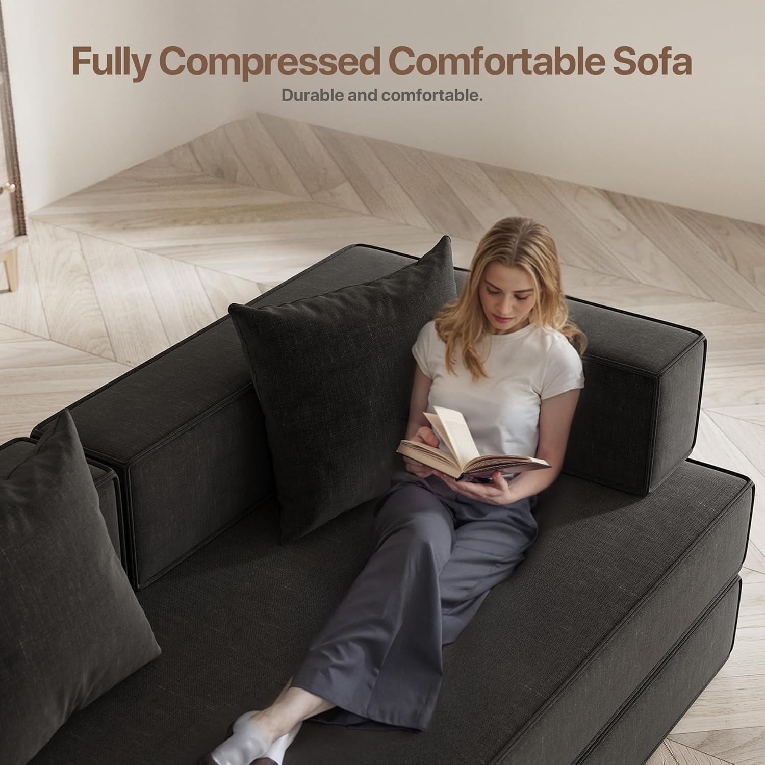 image:imageClaiks 4in1 Convertible Sofa Bed86 Inch Compression Sofa with Corduroy Fabric Pull Out Sleeper Sofa with 2 Pillows amp 4 Side Pockets for Living Room Bedroom ApartmentNo Assembly RequiredDark GreyBlack