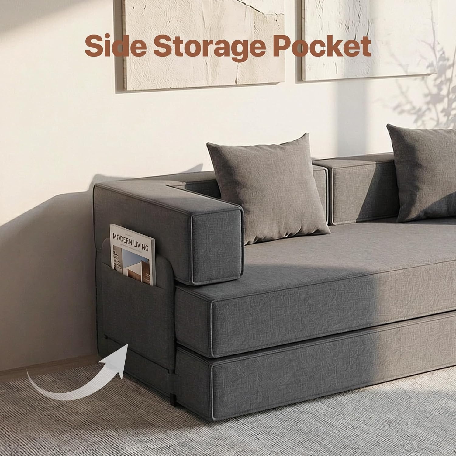 image:imageClaiks 4in1 Convertible Sofa Bed86 Inch Compression Sofa with Corduroy Fabric Pull Out Sleeper Sofa with 2 Pillows amp 4 Side Pockets for Living Room Bedroom ApartmentNo Assembly RequiredDark GreyDark Grey