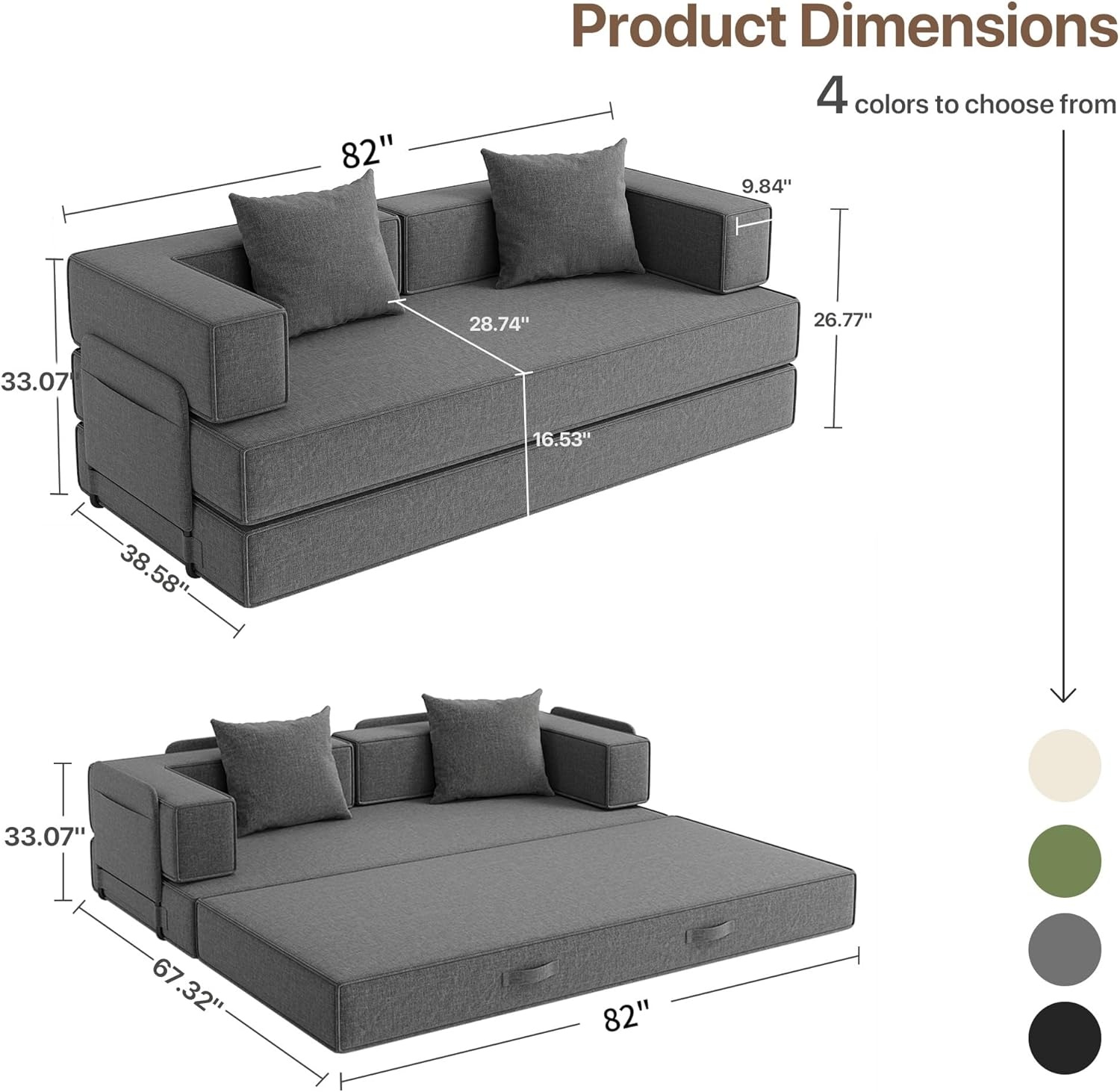 image:imageClaiks 4in1 Convertible Sofa Bed86 Inch Compression Sofa with Corduroy Fabric Pull Out Sleeper Sofa with 2 Pillows amp 4 Side Pockets for Living Room Bedroom ApartmentNo Assembly RequiredDark GreyDark Grey