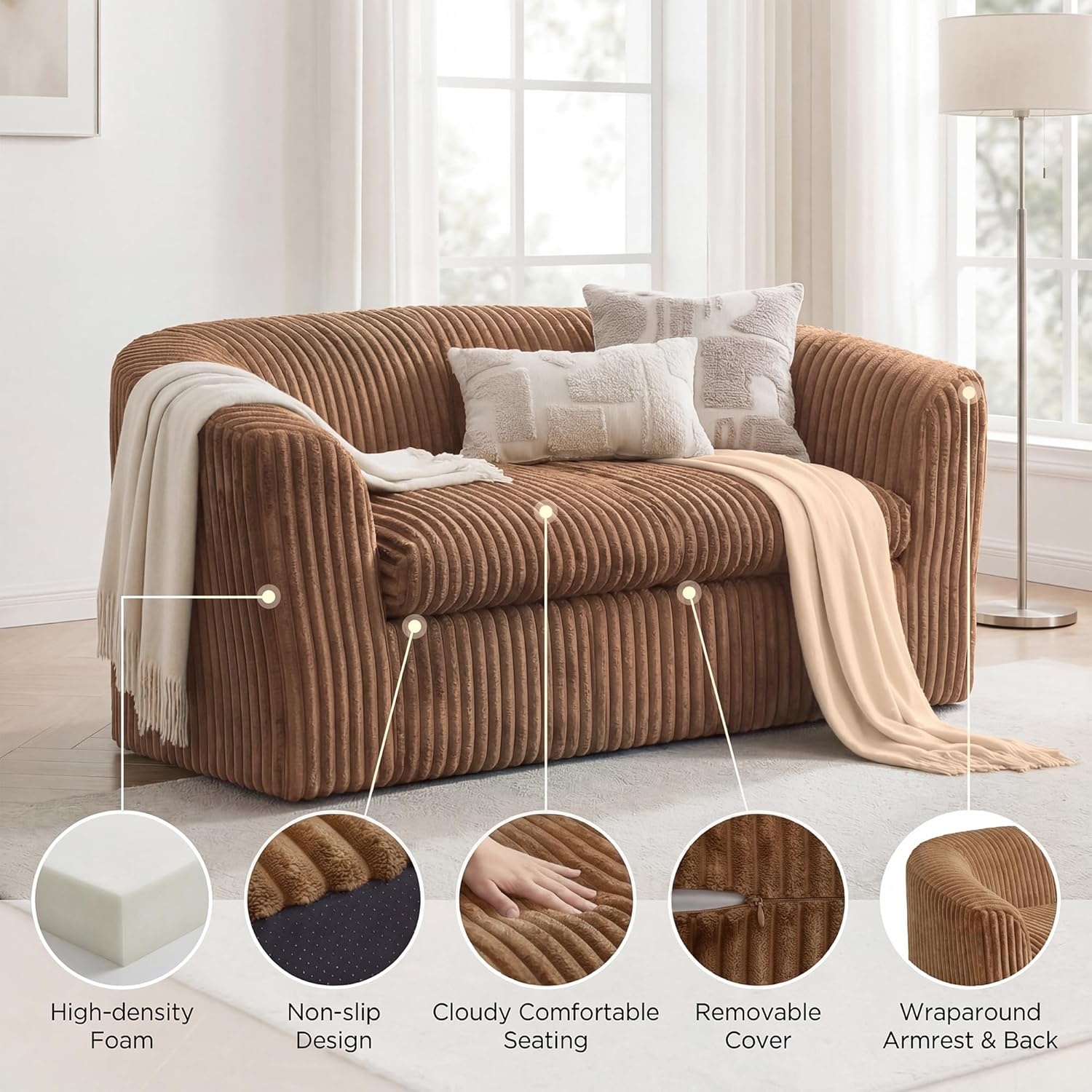 image:imageClaiks 55 Bean Bag Sofa Couch Cloud Loveseat Boneless Couch in a Box Upholstered Small Mini Sofa with Deep Seating for Living Room Bedroom Office Apartment No Assembly Required Brown