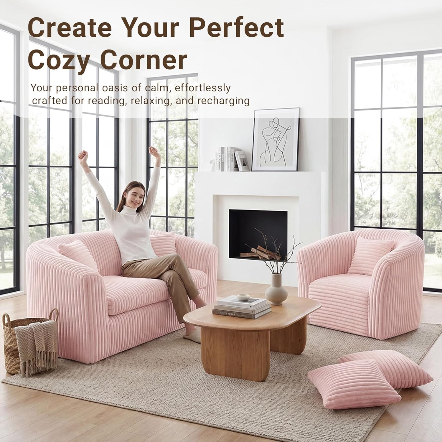 image:imageClaiks 55 Boneless Couch Curved Sofa Bean Bag Sofa Couch in a Box Upholstered Small Mini Sofa with Deep Seating for Living Room Bedroom Office Apartment No Assembly Required BeigePink