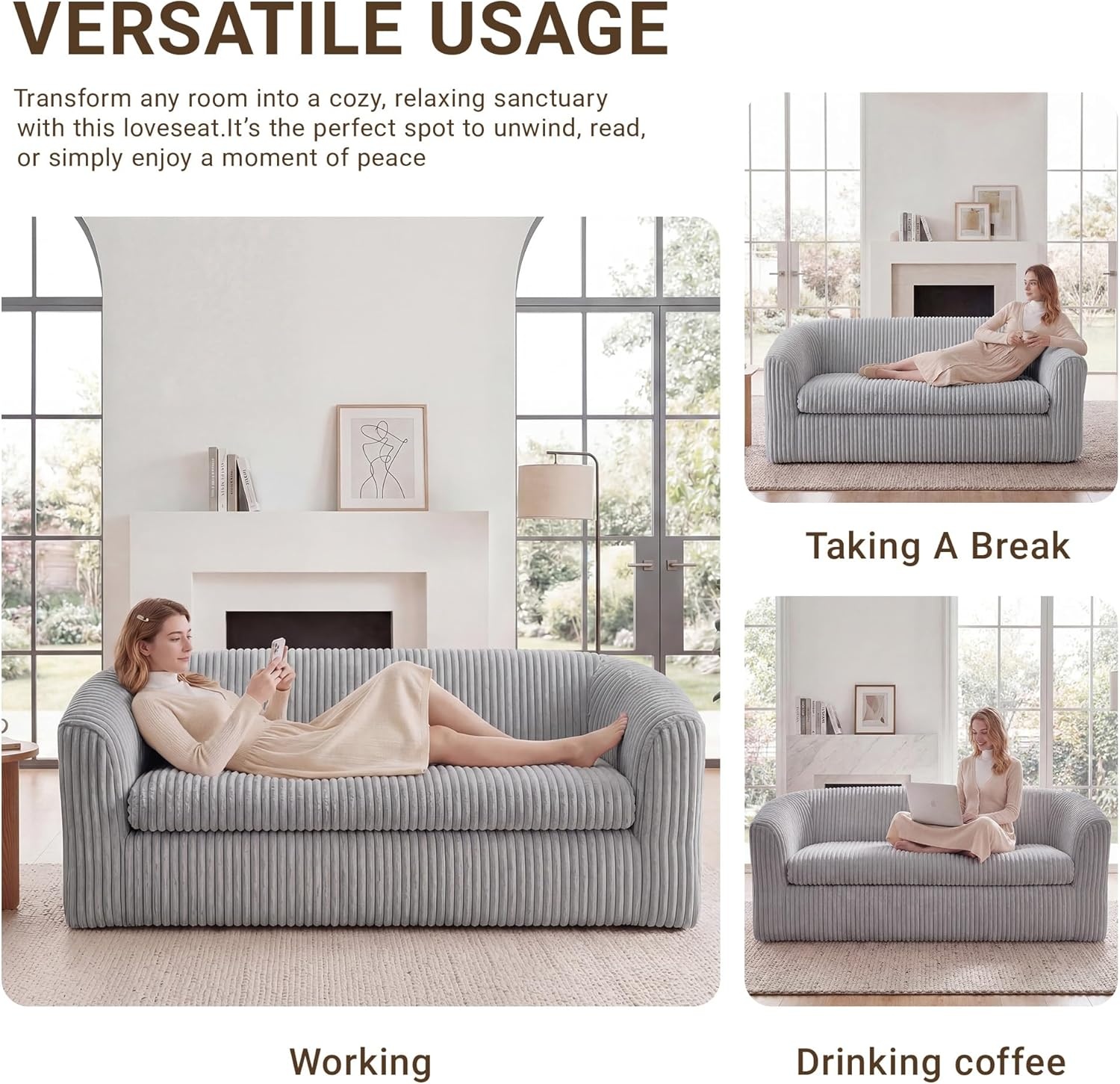 image:imageClaiks 55 Boneless Couch Curved Sofa Bean Bag Sofa Couch in a Box Upholstered Small Mini Sofa with Deep Seating for Living Room Bedroom Office Apartment No Assembly Required BeigeLight Gray