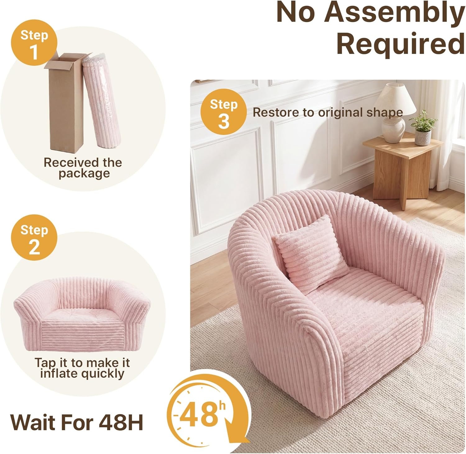 image:imageClaiks 55 Boneless Couch Curved Sofa Bean Bag Sofa Couch in a Box Upholstered Small Mini Sofa with Deep Seating for Living Room Bedroom Office Apartment No Assembly Required BeigePink