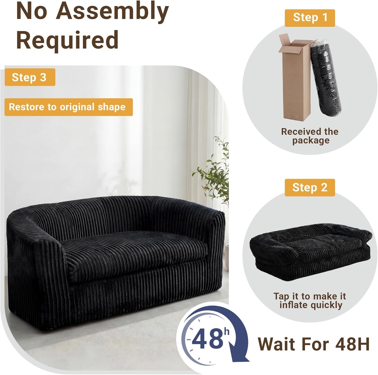 image:imageClaiks 55 Boneless Couch Curved Sofa Bean Bag Sofa Couch in a Box Upholstered Small Mini Sofa with Deep Seating for Living Room Bedroom Office Apartment No Assembly Required BeigeBlack