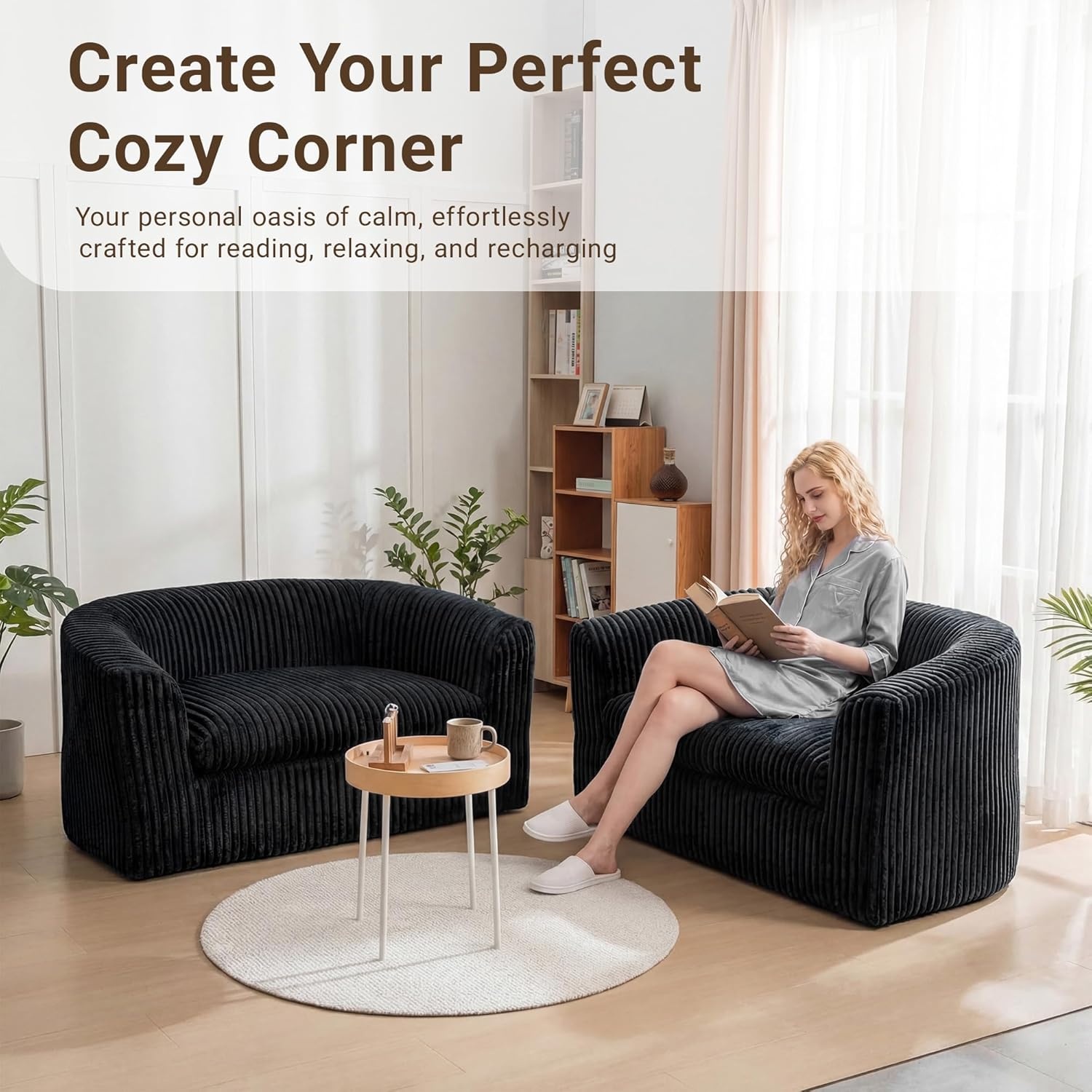 image:imageClaiks 55 Boneless Couch Curved Sofa Bean Bag Sofa Couch in a Box Upholstered Small Mini Sofa with Deep Seating for Living Room Bedroom Office Apartment No Assembly Required BeigeBlack