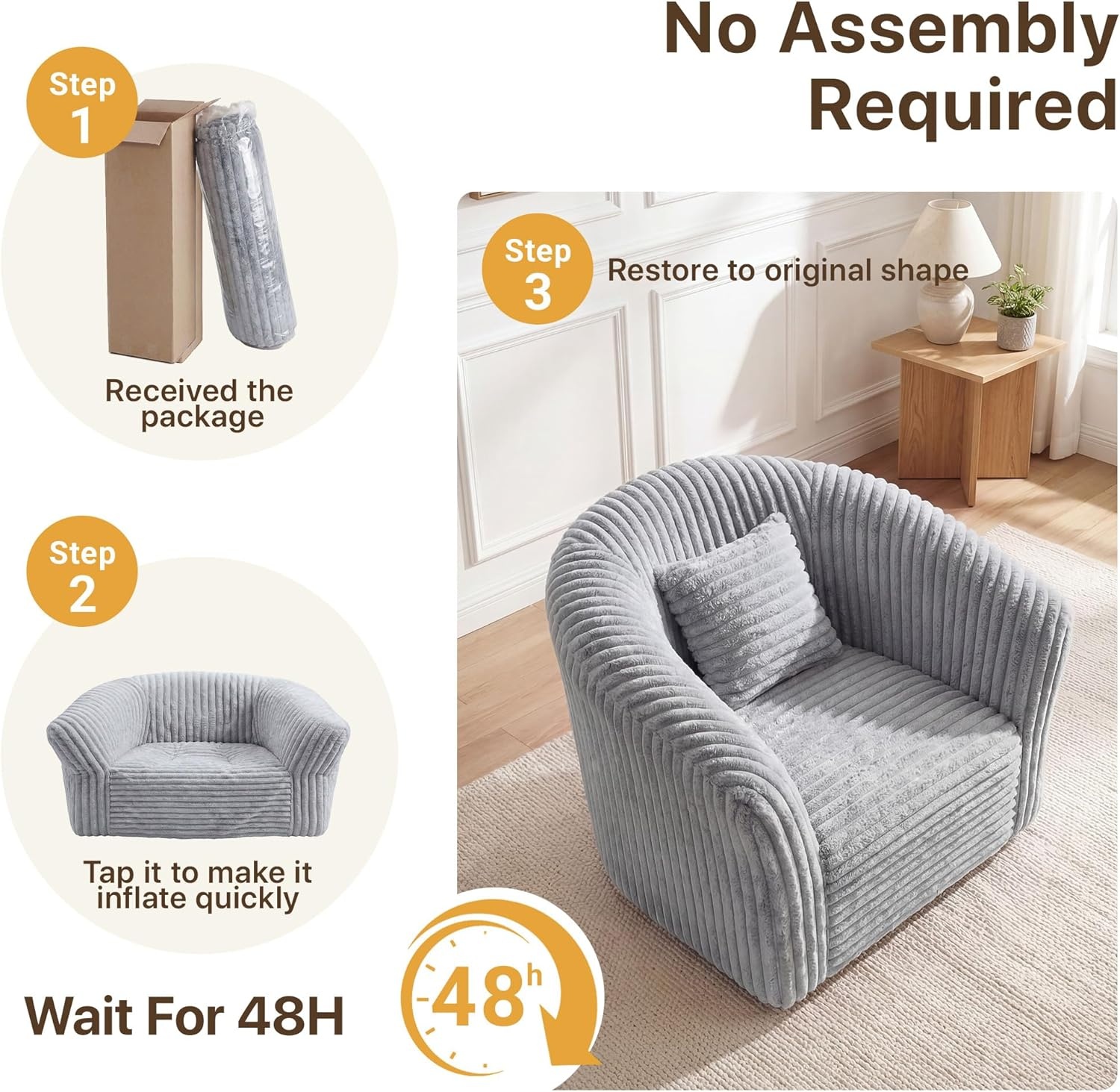 image:imageClaiks 55 Boneless Couch Curved Sofa Bean Bag Sofa Couch in a Box Upholstered Small Mini Sofa with Deep Seating for Living Room Bedroom Office Apartment No Assembly Required BeigeLight Gray