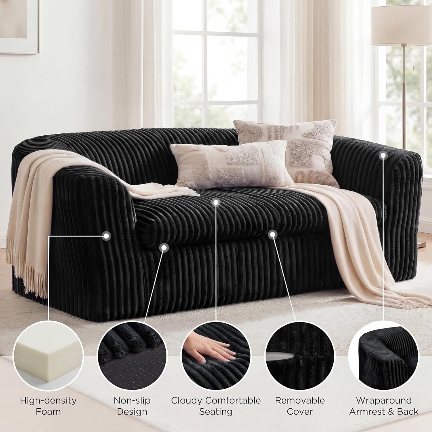 image:imageClaiks 55 Boneless Couch Curved Sofa Bean Bag Sofa Couch in a Box Upholstered Small Mini Sofa with Deep Seating for Living Room Bedroom Office Apartment No Assembly Required BeigeBlack