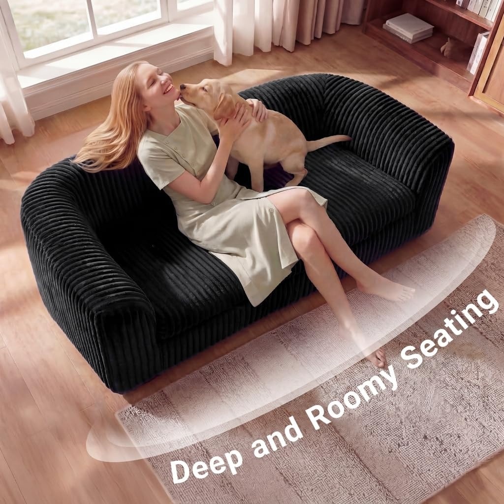 image:imageClaiks 55 Boneless Couch Curved Sofa Bean Bag Sofa Couch in a Box Upholstered Small Mini Sofa with Deep Seating for Living Room Bedroom Office Apartment No Assembly Required BeigeBlack