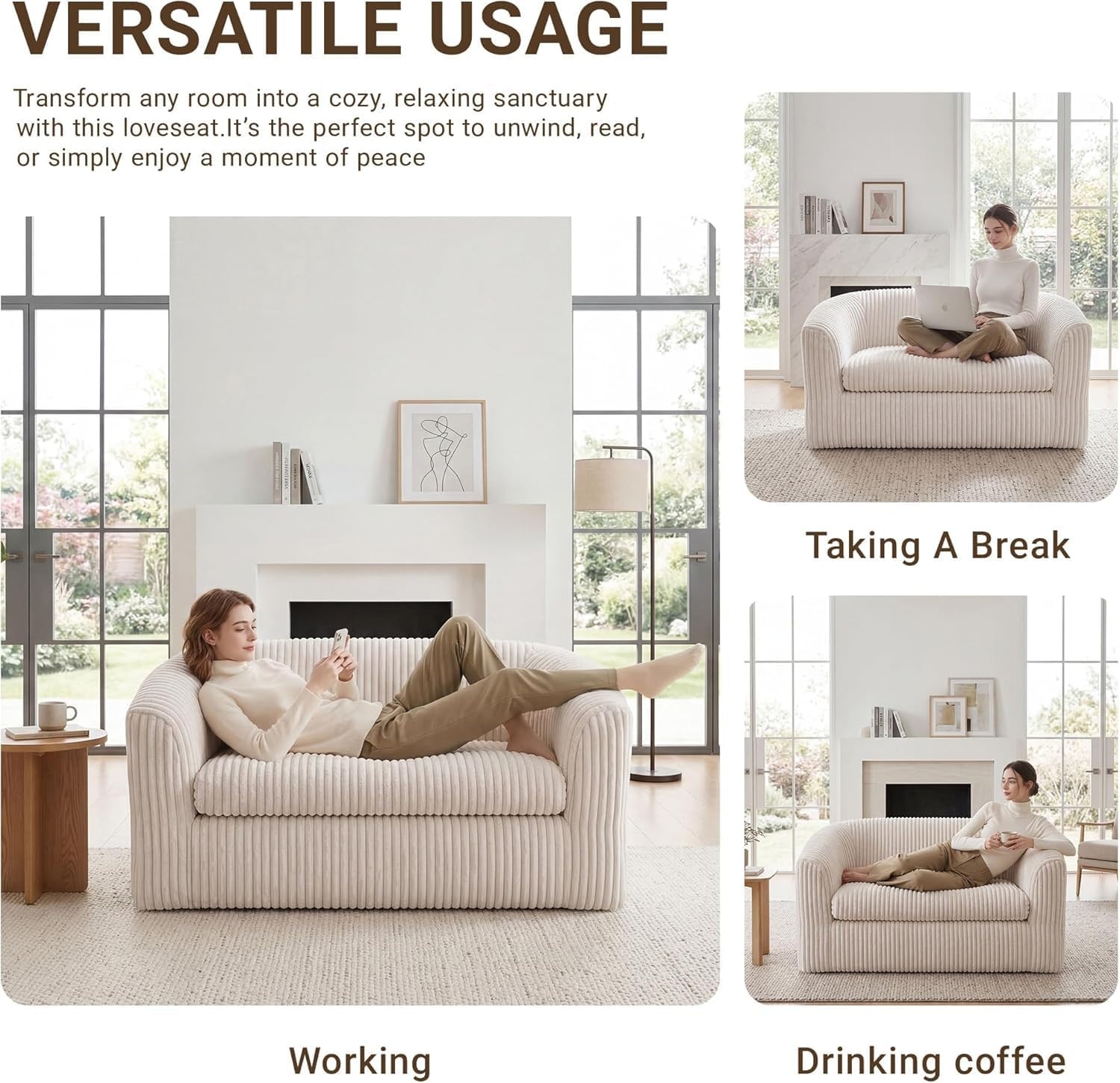 image:imageClaiks 55 Boneless Couch Curved Sofa Bean Bag Sofa Couch in a Box Upholstered Small Mini Sofa with Deep Seating for Living Room Bedroom Office Apartment No Assembly Required BeigeBeige