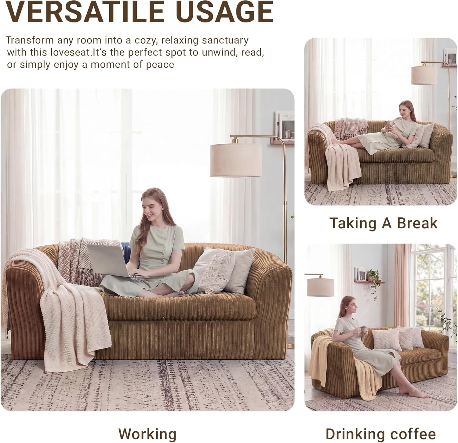 image:imageClaiks 55 Boneless Couch Curved Sofa Bean Bag Sofa Couch in a Box Upholstered Small Mini Sofa with Deep Seating for Living Room Bedroom Office Apartment No Assembly Required BeigeBrown