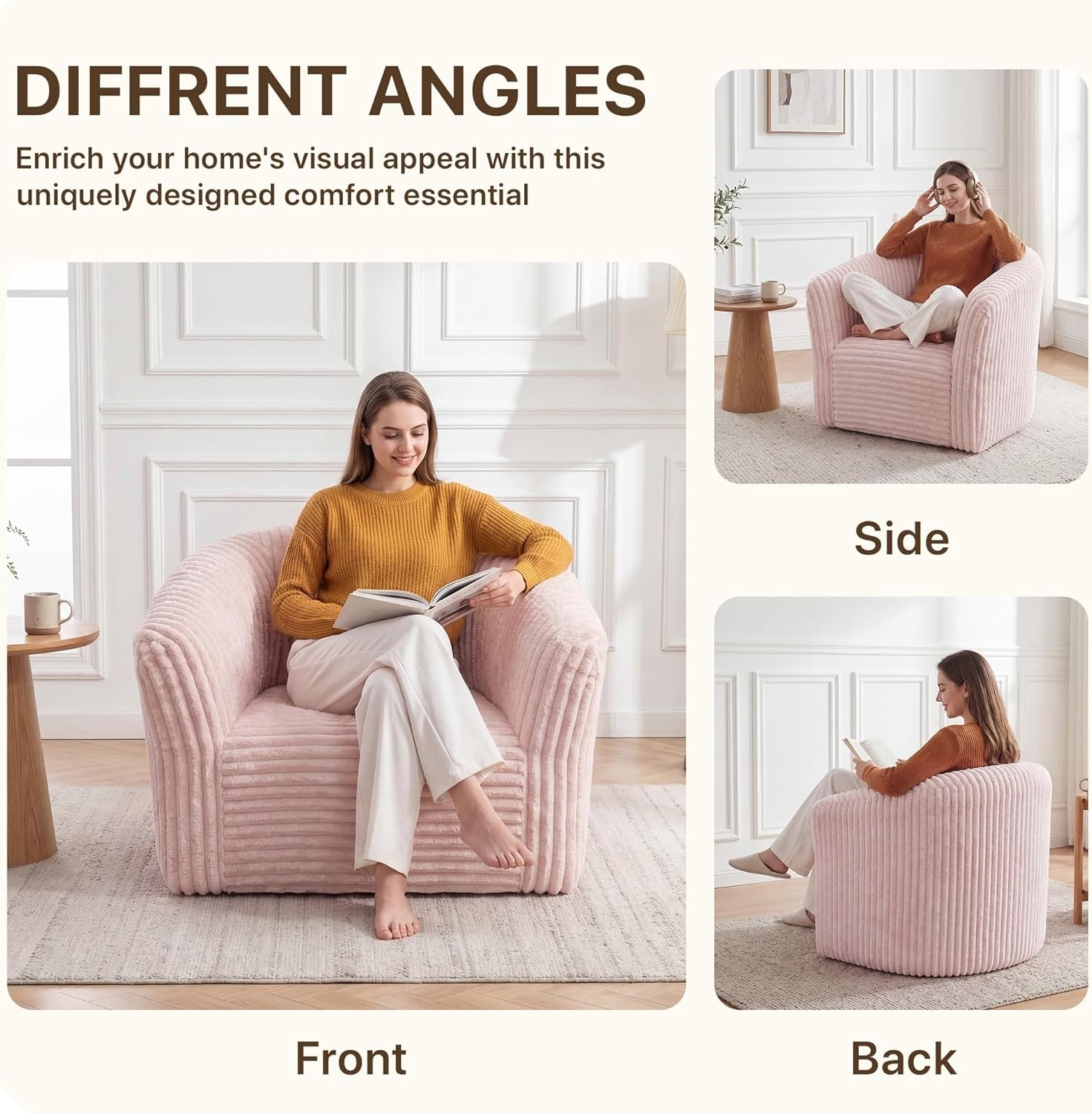 image:imageClaiks 55 Boneless Couch Curved Sofa Bean Bag Sofa Couch in a Box Upholstered Small Mini Sofa with Deep Seating for Living Room Bedroom Office Apartment No Assembly Required BeigePink