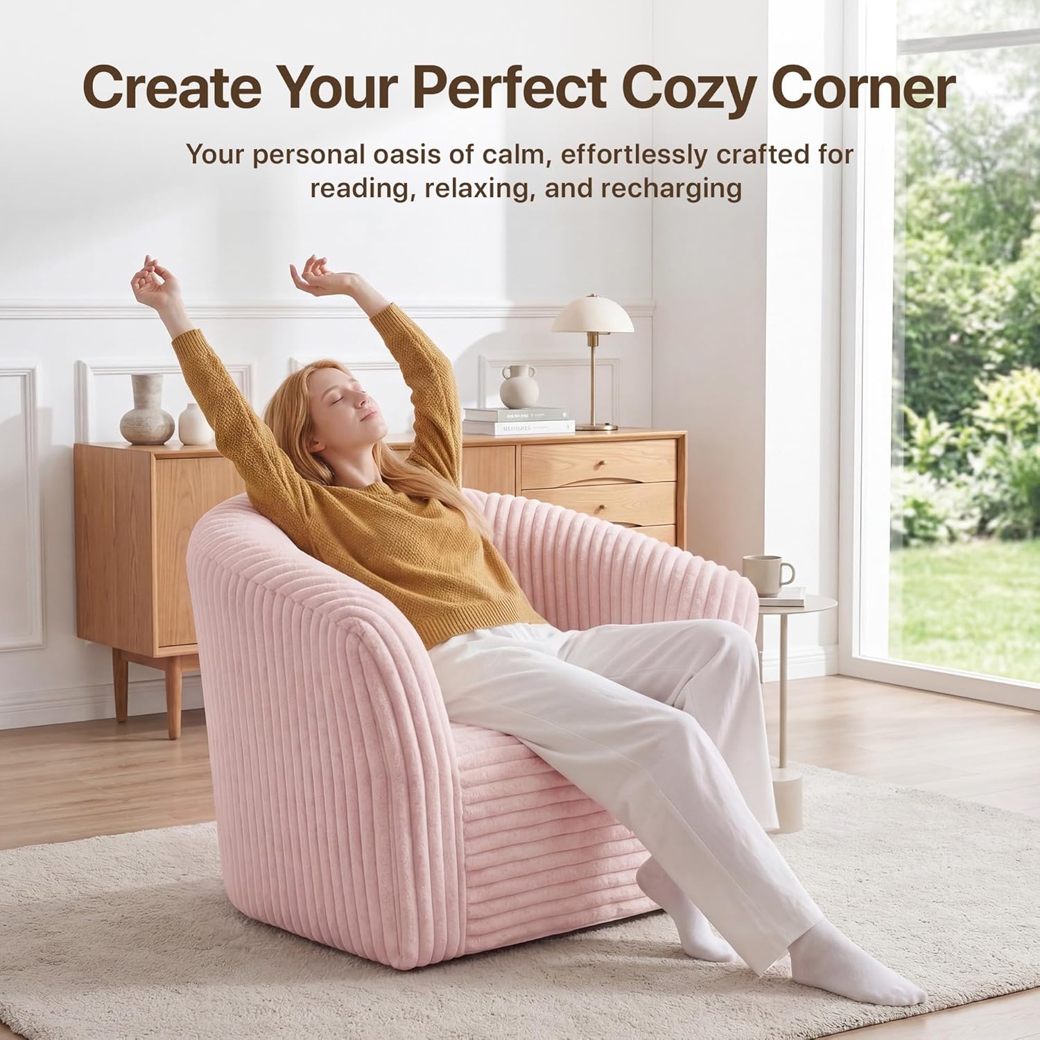 image:imageClaiks 55 Boneless Couch Curved Sofa Bean Bag Sofa Couch in a Box Upholstered Small Mini Sofa with Deep Seating for Living Room Bedroom Office Apartment No Assembly Required BeigePink