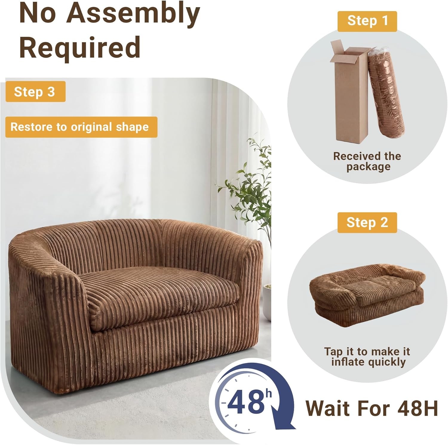 image:imageClaiks 55 Boneless Couch Curved Sofa Bean Bag Sofa Couch in a Box Upholstered Small Mini Sofa with Deep Seating for Living Room Bedroom Office Apartment No Assembly Required BeigeBrown
