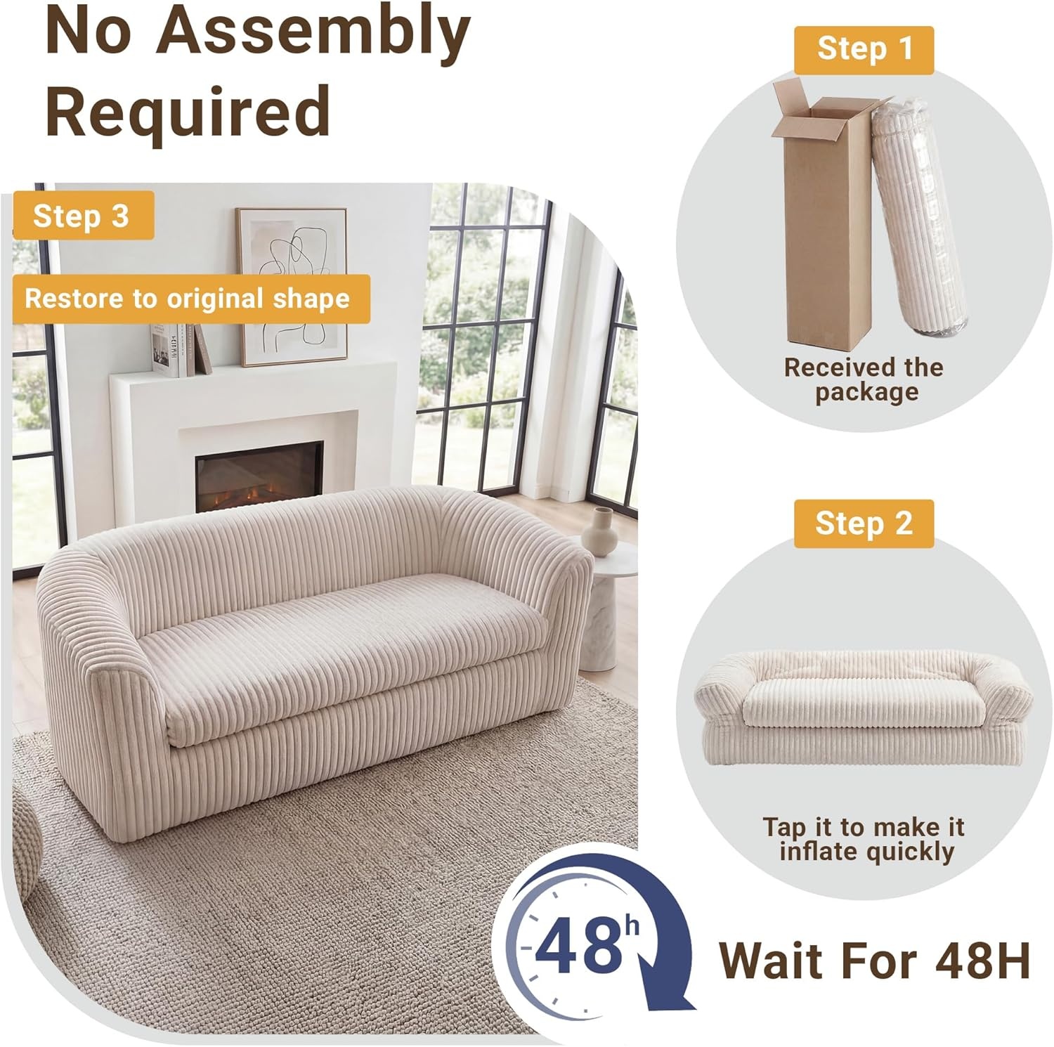 image:imageClaiks 55 Boneless Couch Curved Sofa Bean Bag Sofa Couch in a Box Upholstered Small Mini Sofa with Deep Seating for Living Room Bedroom Office Apartment No Assembly Required BeigeBeige