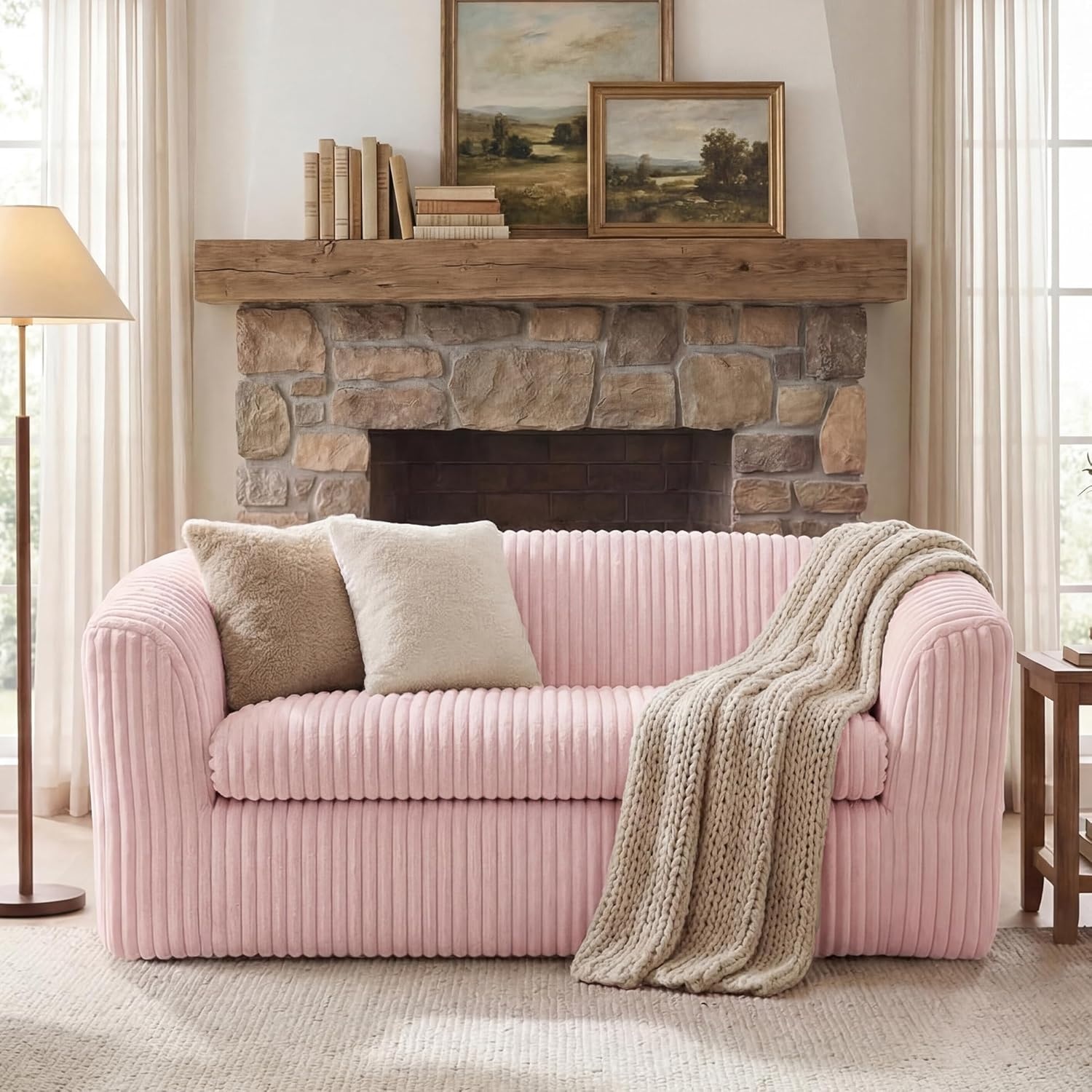 image:imageClaiks 55 Boneless Couch Curved Sofa Bean Bag Sofa Couch in a Box Upholstered Small Mini Sofa with Deep Seating for Living Room Bedroom Office Apartment No Assembly Required BeigePink
