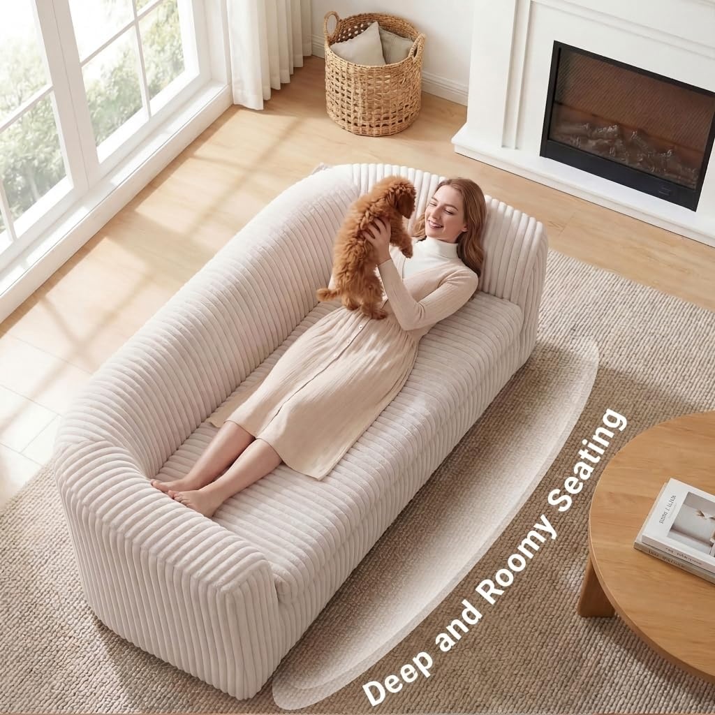 image:imageClaiks 55 Boneless Couch Curved Sofa Bean Bag Sofa Couch in a Box Upholstered Small Mini Sofa with Deep Seating for Living Room Bedroom Office Apartment No Assembly Required BeigeBeige