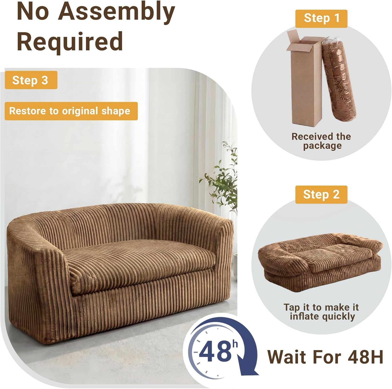 image:imageClaiks 55 Boneless Couch Curved Sofa Bean Bag Sofa Couch in a Box Upholstered Small Mini Sofa with Deep Seating for Living Room Bedroom Office Apartment No Assembly Required BeigeBrown