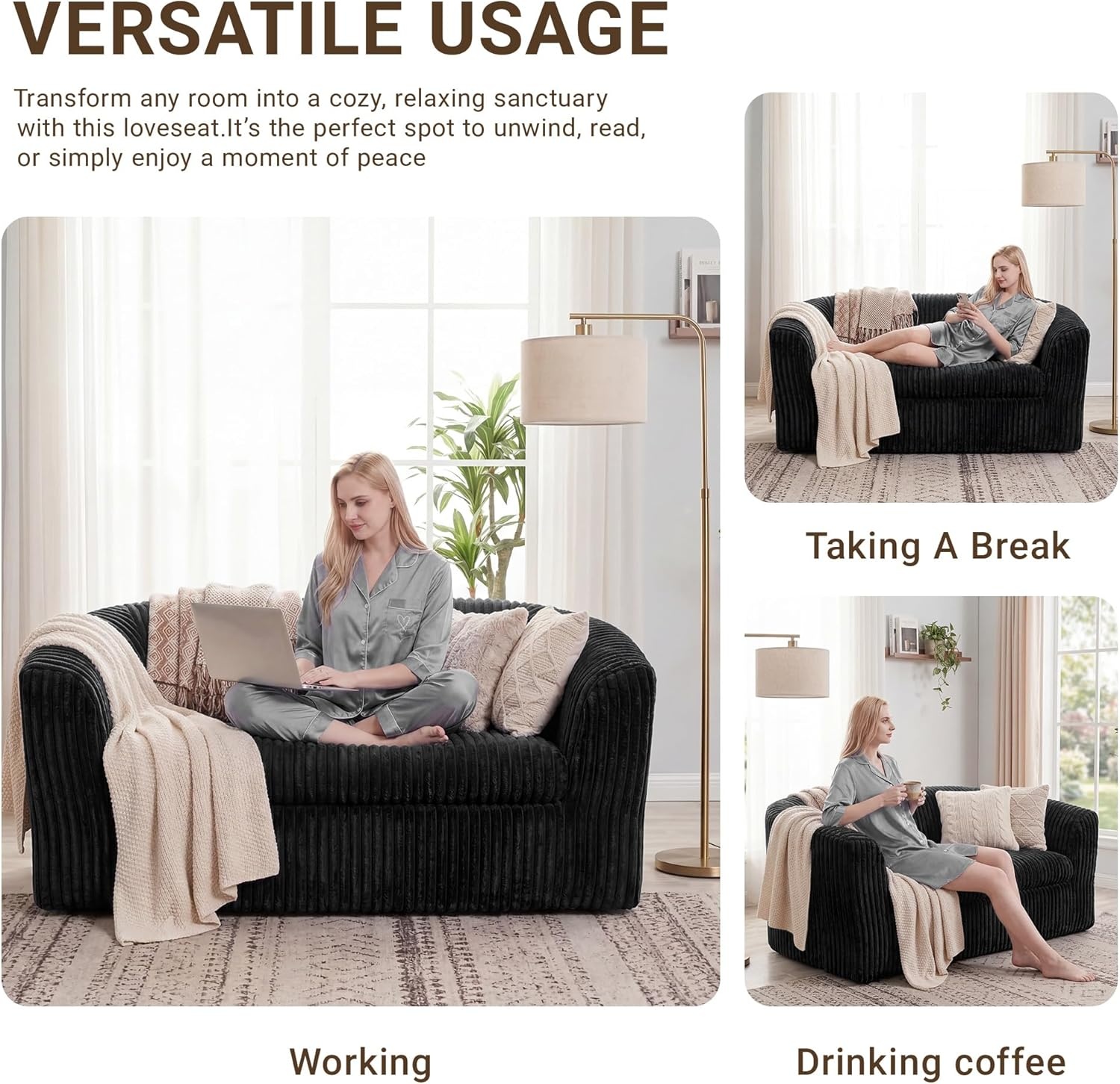 image:imageClaiks 55 Boneless Couch Curved Sofa Bean Bag Sofa Couch in a Box Upholstered Small Mini Sofa with Deep Seating for Living Room Bedroom Office Apartment No Assembly Required BeigeBlack