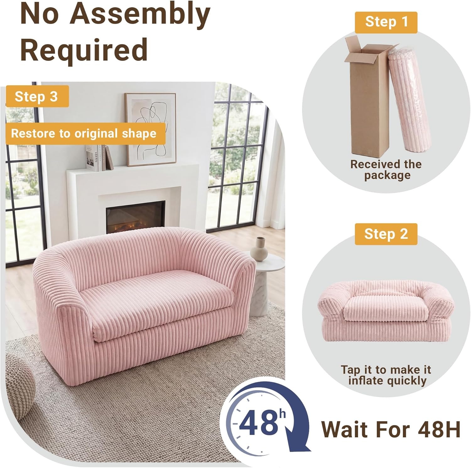 image:imageClaiks 55 Boneless Couch Curved Sofa Bean Bag Sofa Couch in a Box Upholstered Small Mini Sofa with Deep Seating for Living Room Bedroom Office Apartment No Assembly Required BeigePink