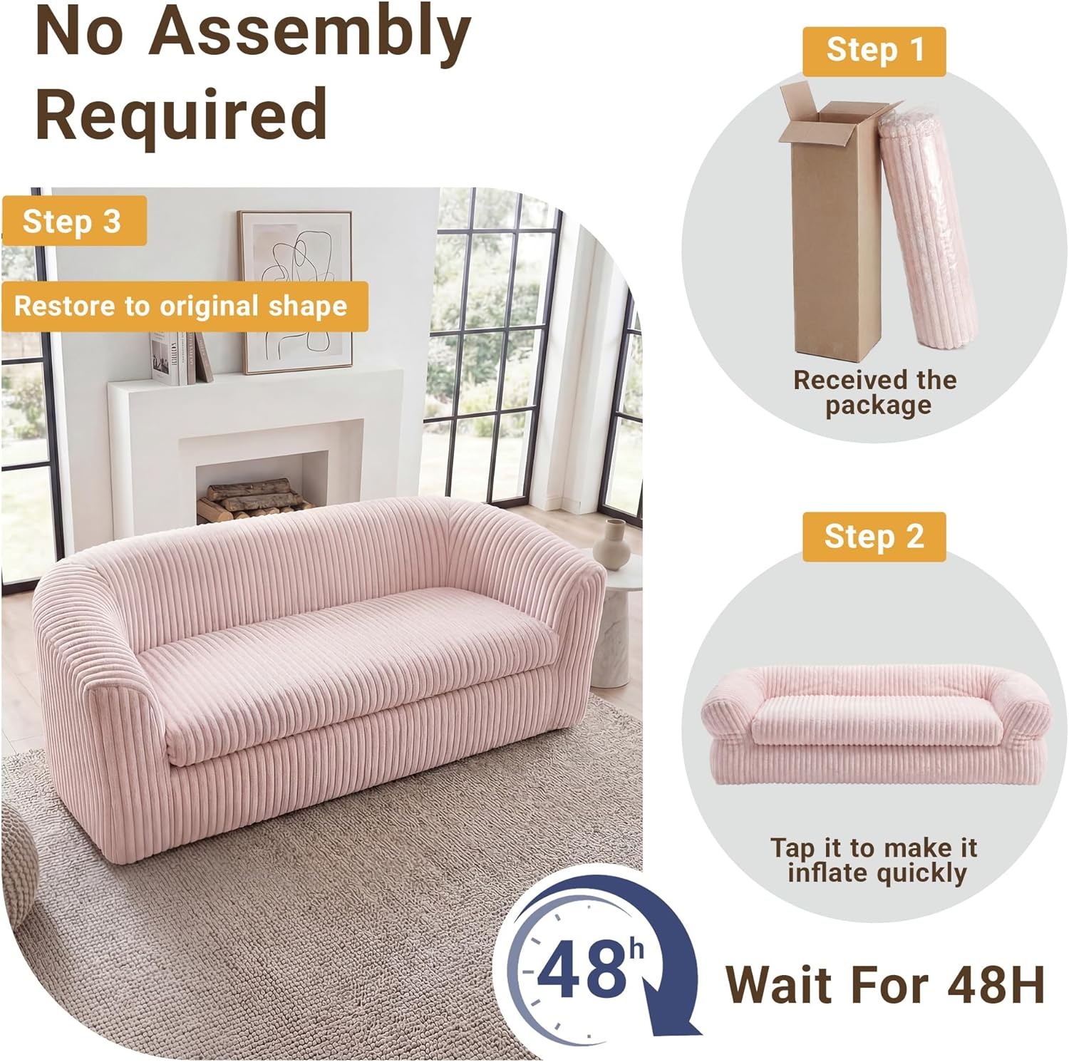 image:imageClaiks 55 Boneless Couch Curved Sofa Bean Bag Sofa Couch in a Box Upholstered Small Mini Sofa with Deep Seating for Living Room Bedroom Office Apartment No Assembly Required BeigePink