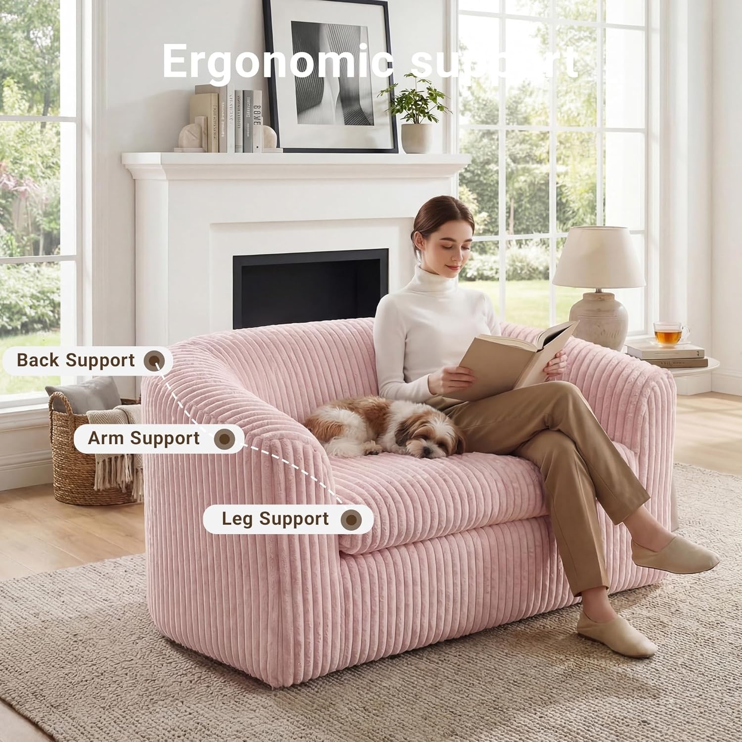image:imageClaiks 55 Boneless Couch Curved Sofa Bean Bag Sofa Couch in a Box Upholstered Small Mini Sofa with Deep Seating for Living Room Bedroom Office Apartment No Assembly Required BeigePink
