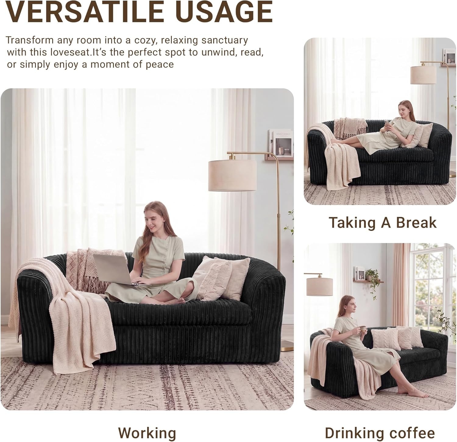 image:imageClaiks 55 Boneless Couch Curved Sofa Bean Bag Sofa Couch in a Box Upholstered Small Mini Sofa with Deep Seating for Living Room Bedroom Office Apartment No Assembly Required BeigeBlack
