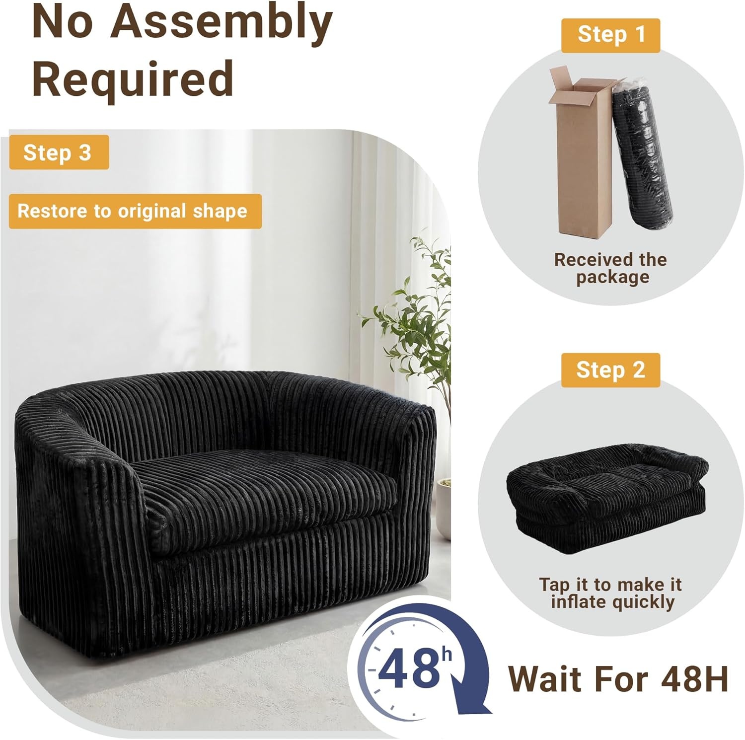 image:imageClaiks 55 Boneless Couch Curved Sofa Bean Bag Sofa Couch in a Box Upholstered Small Mini Sofa with Deep Seating for Living Room Bedroom Office Apartment No Assembly Required BeigeBlack