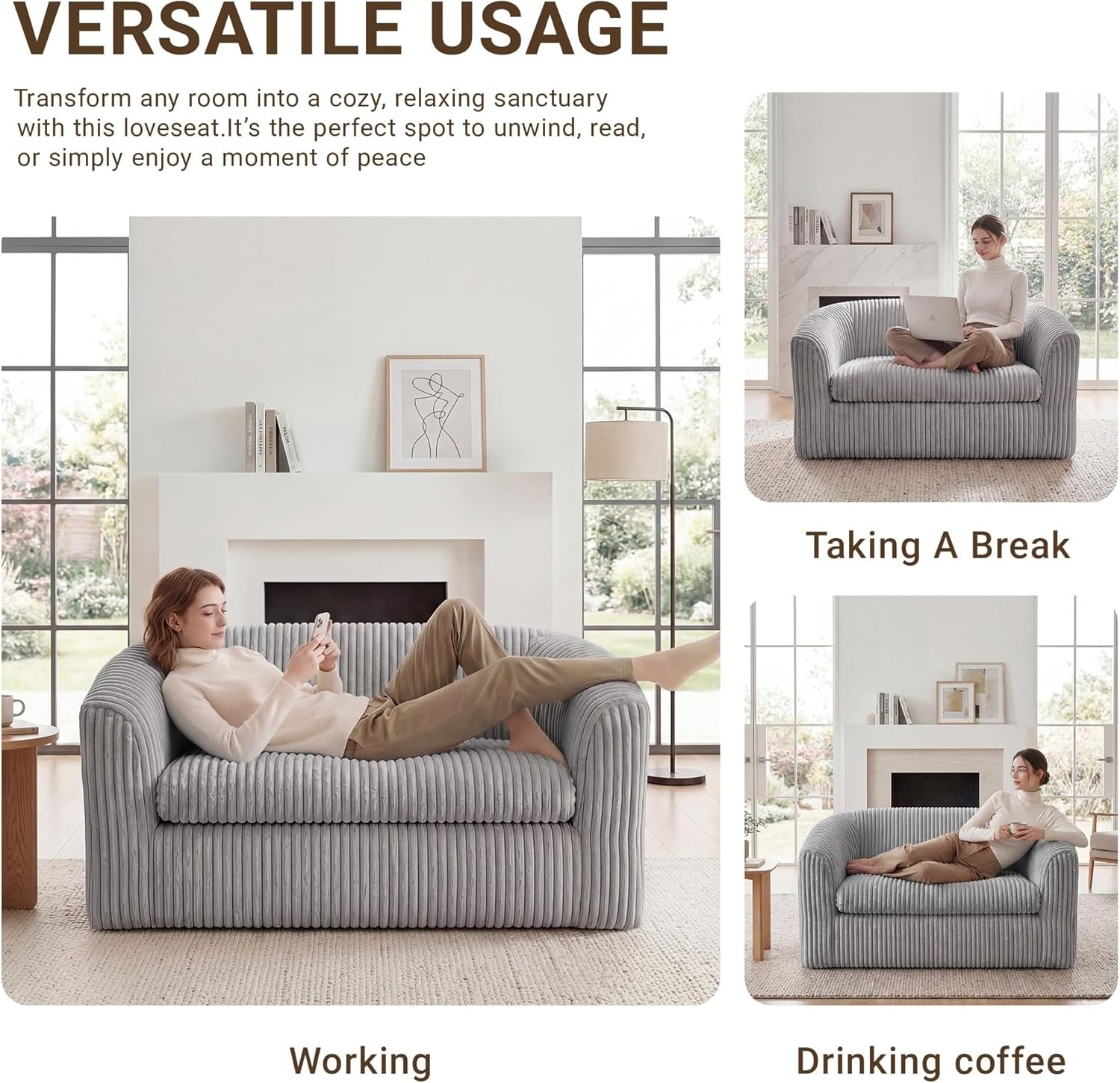image:imageClaiks 55 Boneless Couch Curved Sofa Bean Bag Sofa Couch in a Box Upholstered Small Mini Sofa with Deep Seating for Living Room Bedroom Office Apartment No Assembly Required BeigeLight Gray