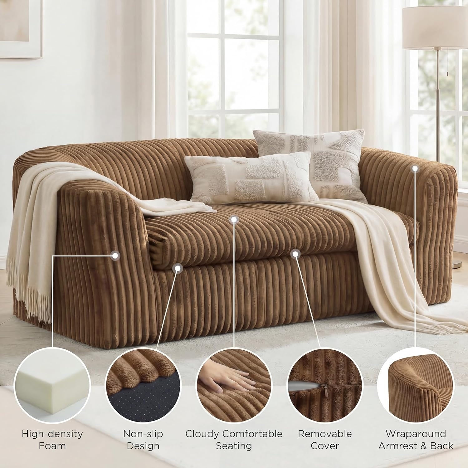 image:imageClaiks 55 Boneless Couch Curved Sofa Bean Bag Sofa Couch in a Box Upholstered Small Mini Sofa with Deep Seating for Living Room Bedroom Office Apartment No Assembly Required BeigeBrown