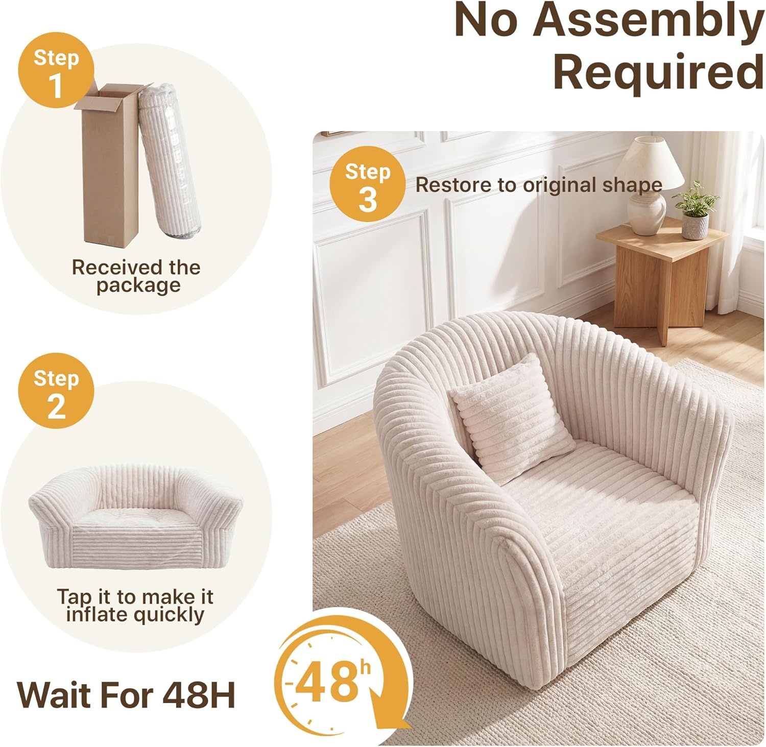 image:imageClaiks 55 Boneless Couch Curved Sofa Bean Bag Sofa Couch in a Box Upholstered Small Mini Sofa with Deep Seating for Living Room Bedroom Office Apartment No Assembly Required BeigeBeige