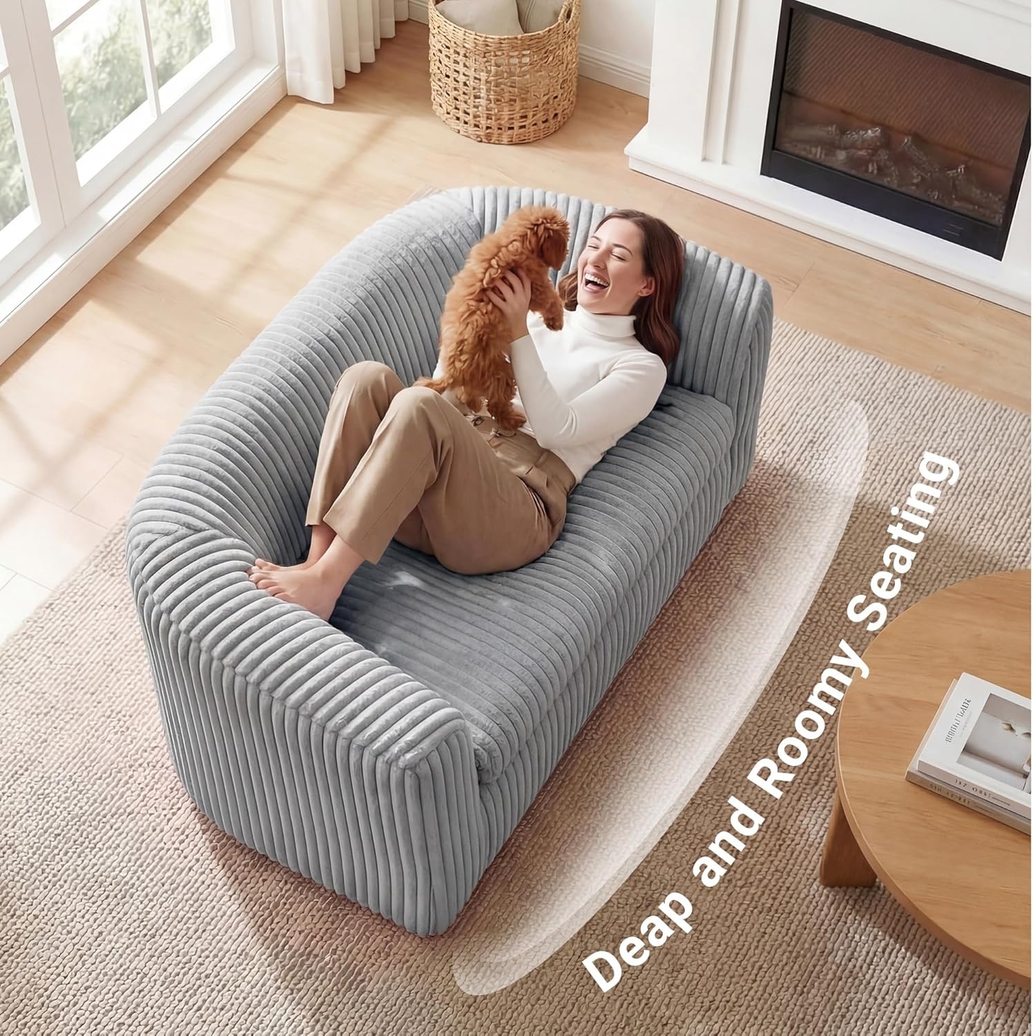 image:imageClaiks 55 Boneless Couch Curved Sofa Bean Bag Sofa Couch in a Box Upholstered Small Mini Sofa with Deep Seating for Living Room Bedroom Office Apartment No Assembly Required BeigeLight Gray